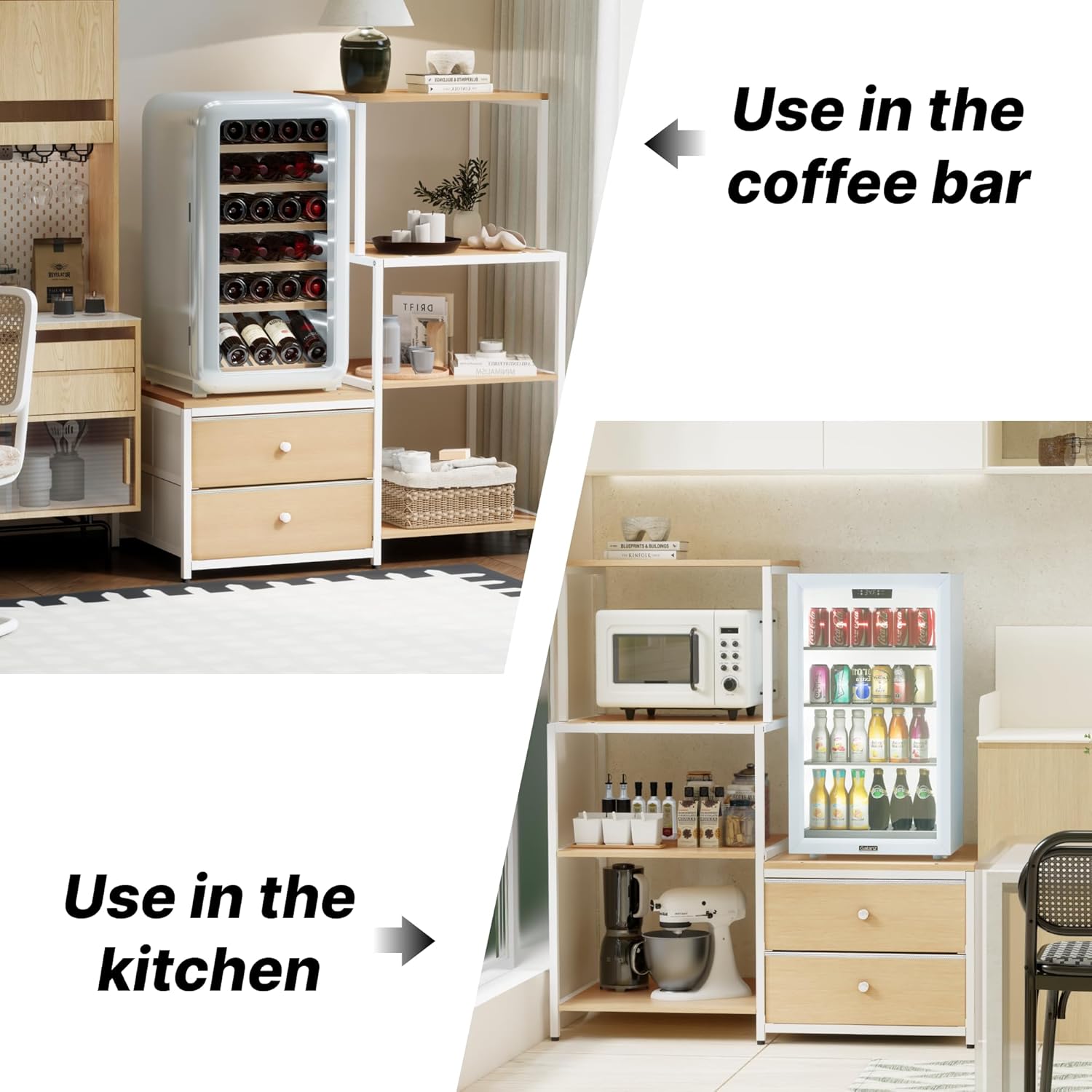 Mini Fridge Stand with Storage - Microwave Bakers with Power Outlet, Coffee Bar Cabinet Station, 4-Tier 2 Drawer Fridge Stand