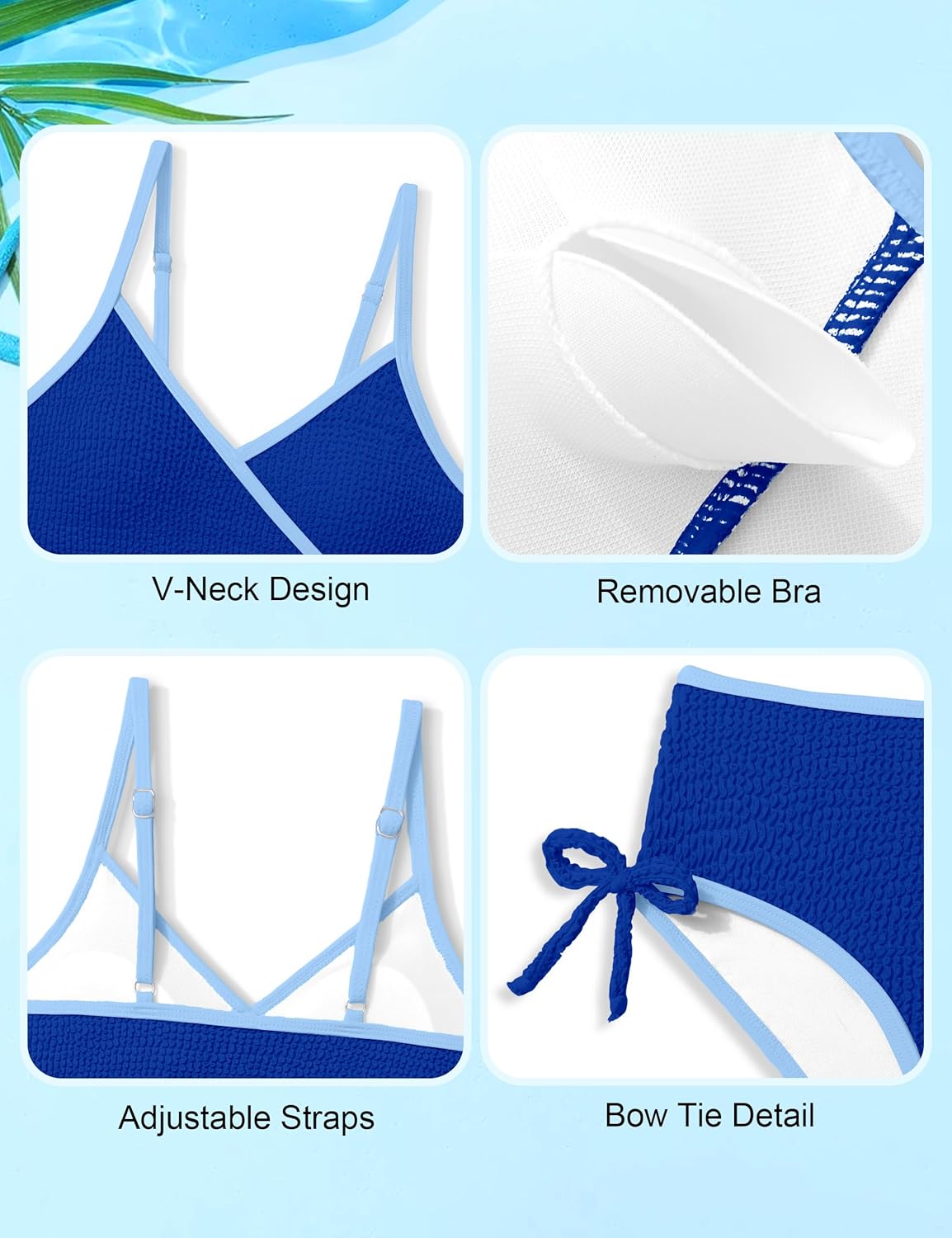 Girls Bathing Suit Adjustable Straps Bikini Sets Color Block V Neck Two Piece Swimsuit with Back Cutout Bow Tie 9-16Y - Image 6