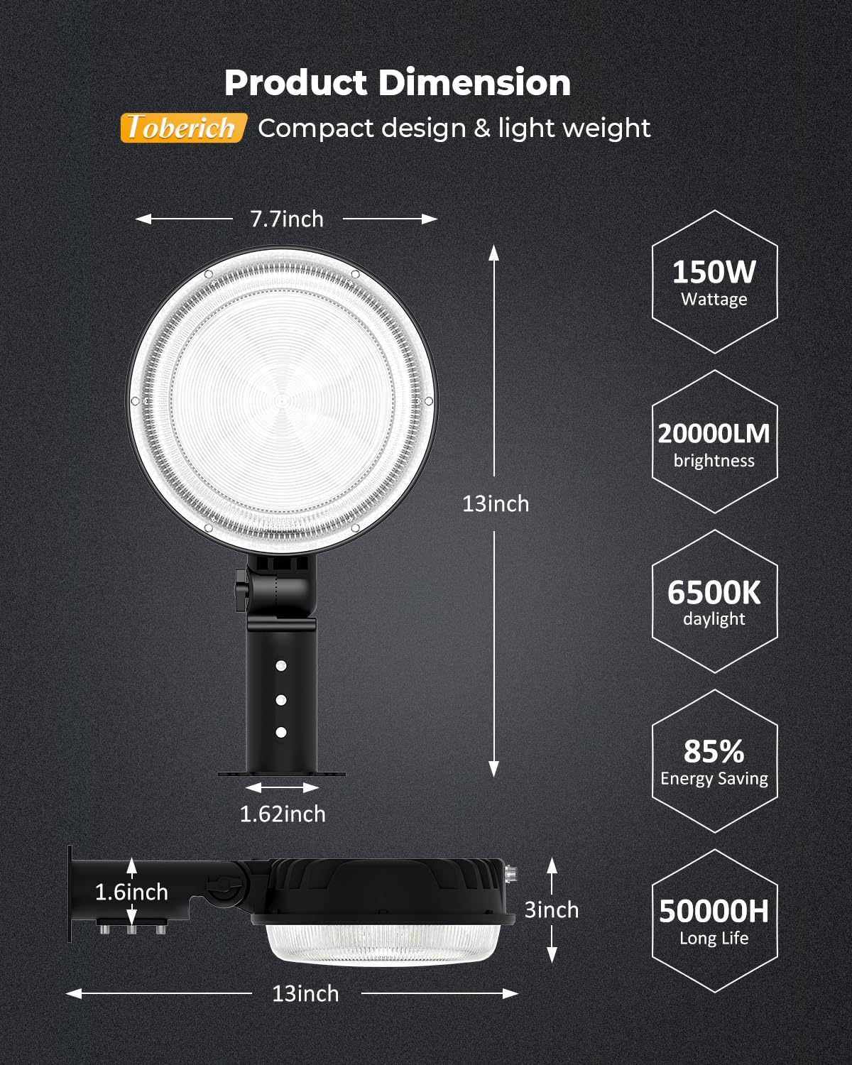 toberich - 4-pak lamp LED do stodoły 150 W, 18000 lm, oświetlenie zewnętrzne z fotokomórką 6500 K, regulowany kąt, IP66 światło dzienne, wodoszczelne, do GCD-01