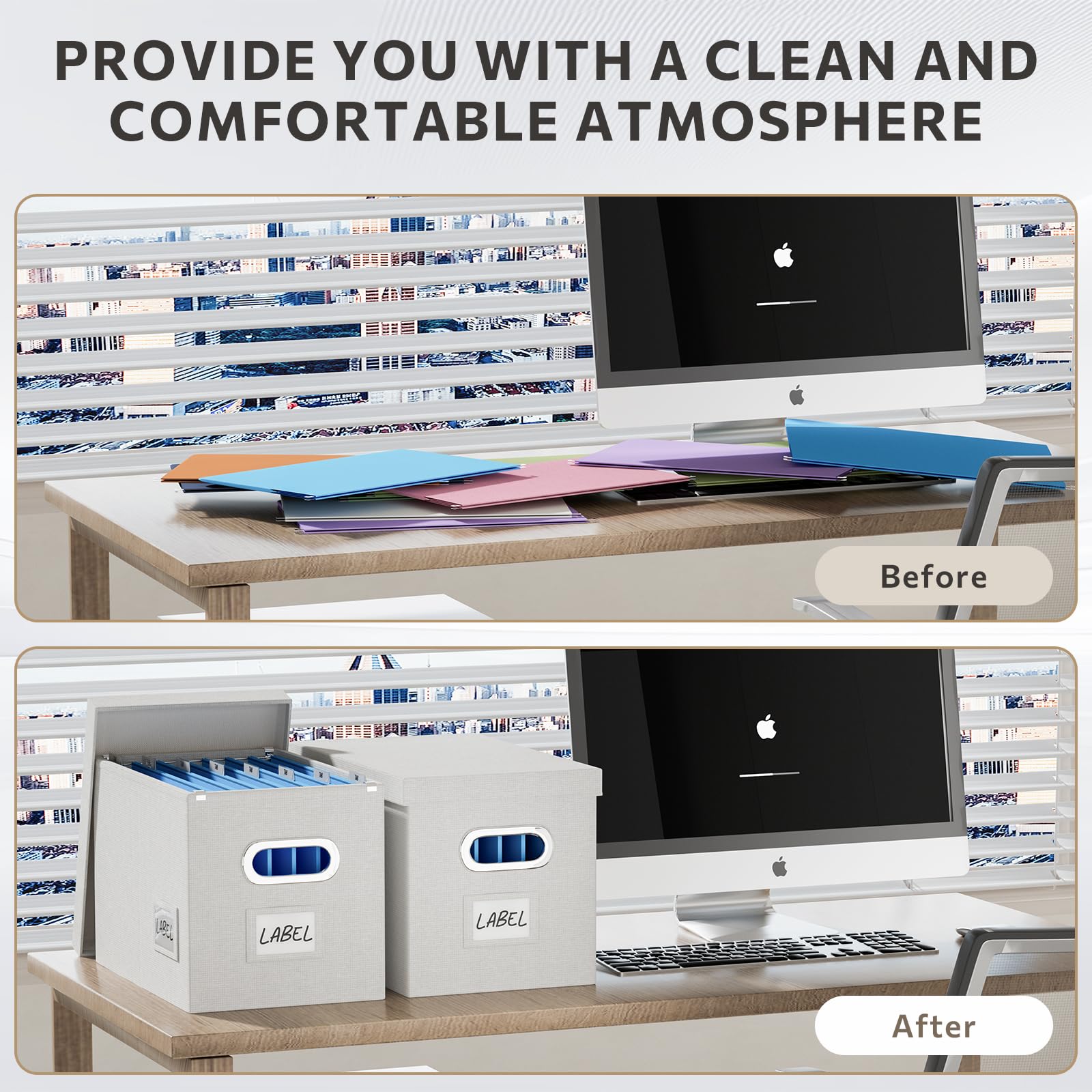 Caja organizadora de archivos con tapa, juego de 2 cajas de archivos colgantes portátiles, cajas de almacenamiento plegables de lino decorativas para oficina y hogar (blanco, 14 x 9.3 x 10.9