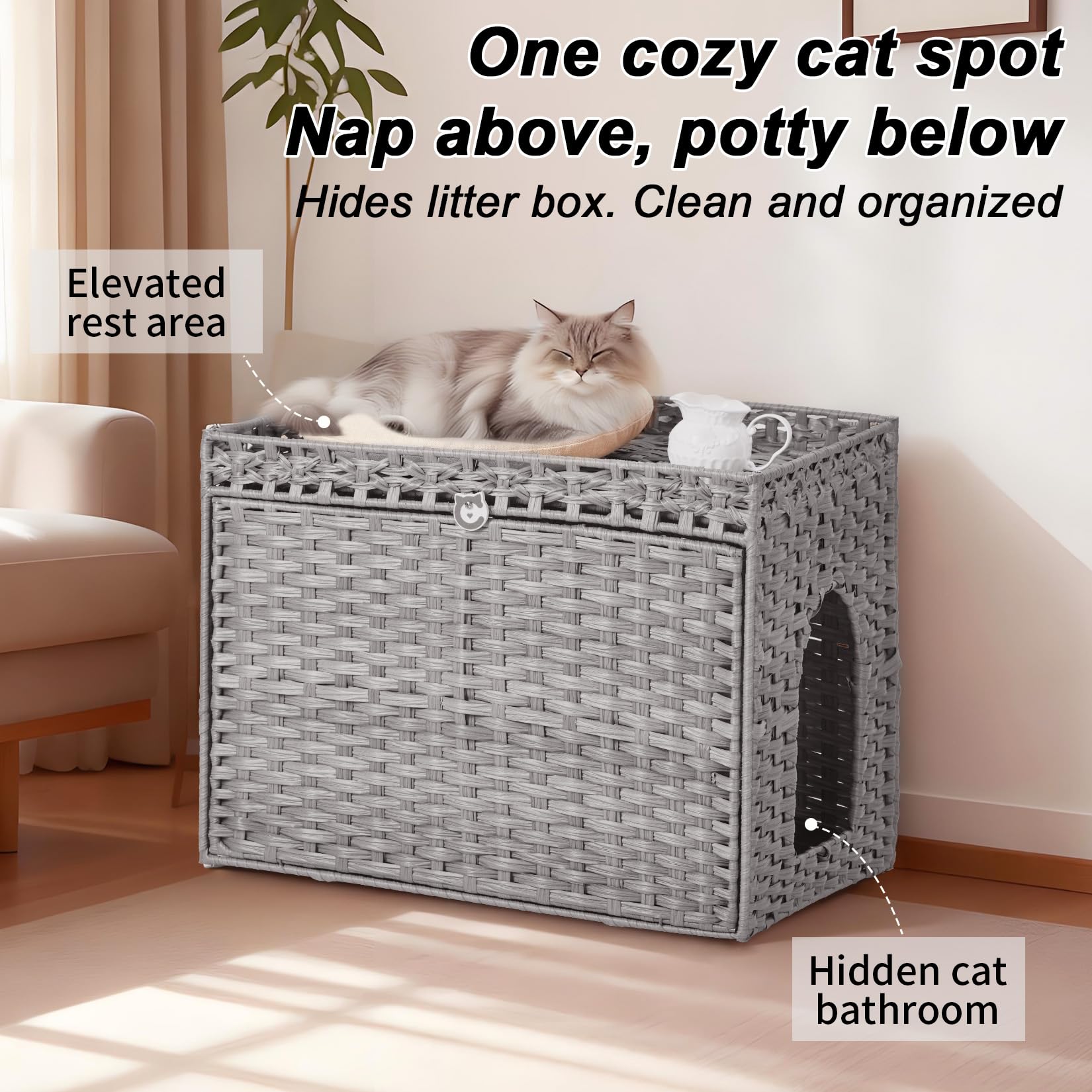 Verstecktes Katzenklo-Möbelstück aus Rattan, Großes Rattan-Katzenhaus mit Katzenklo Matte, Spritz und Geruchsdichtes, Doppelstöckiges Katzenhaus für Wohnzimmer, 70x53x56cm