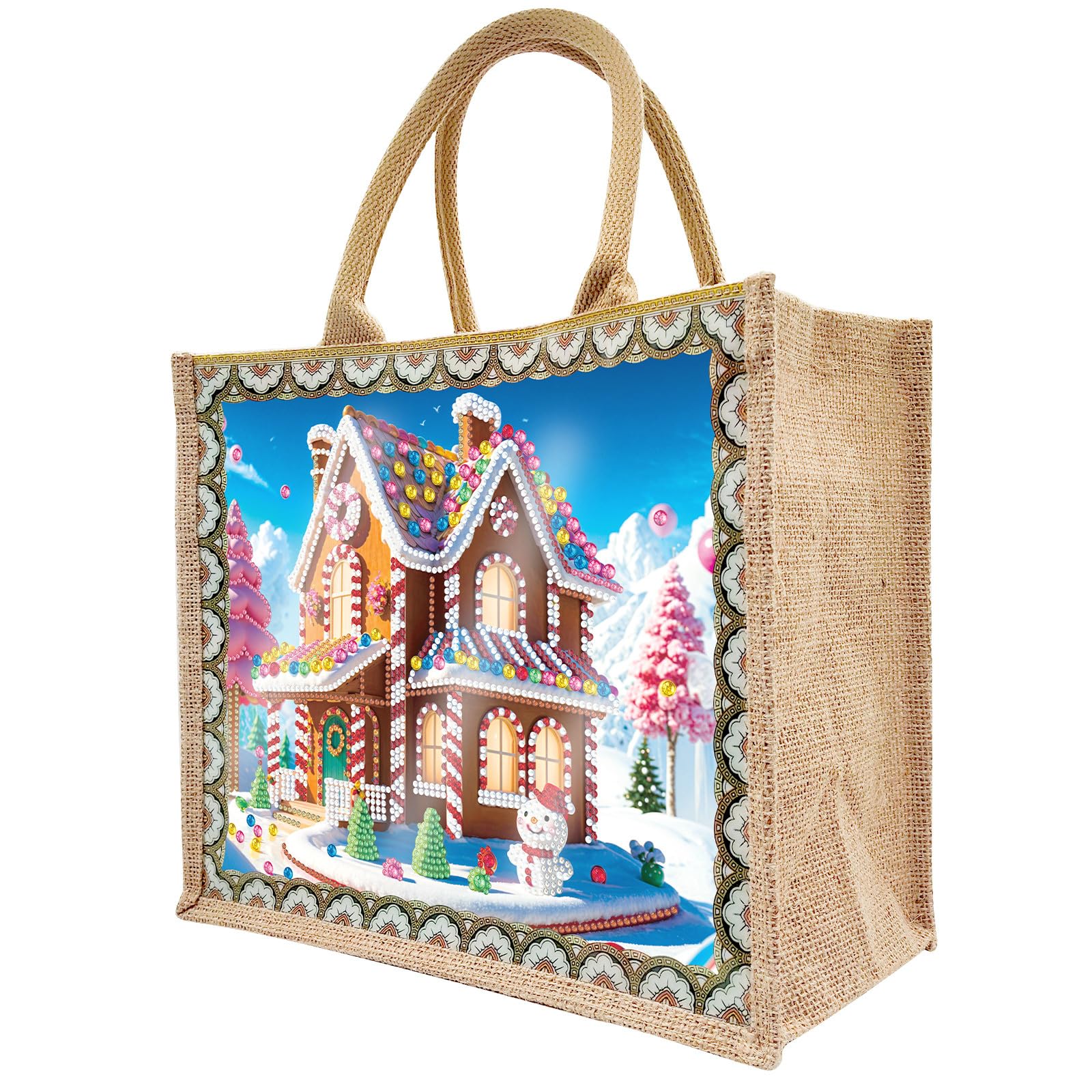 LebartmDIY Diamond Art Painting Bags Christmas Handbag Handmade Shopping Tote Bags with Canvas Pattern Reusable Grocery Bag for Women Art Craft Gift-Villa