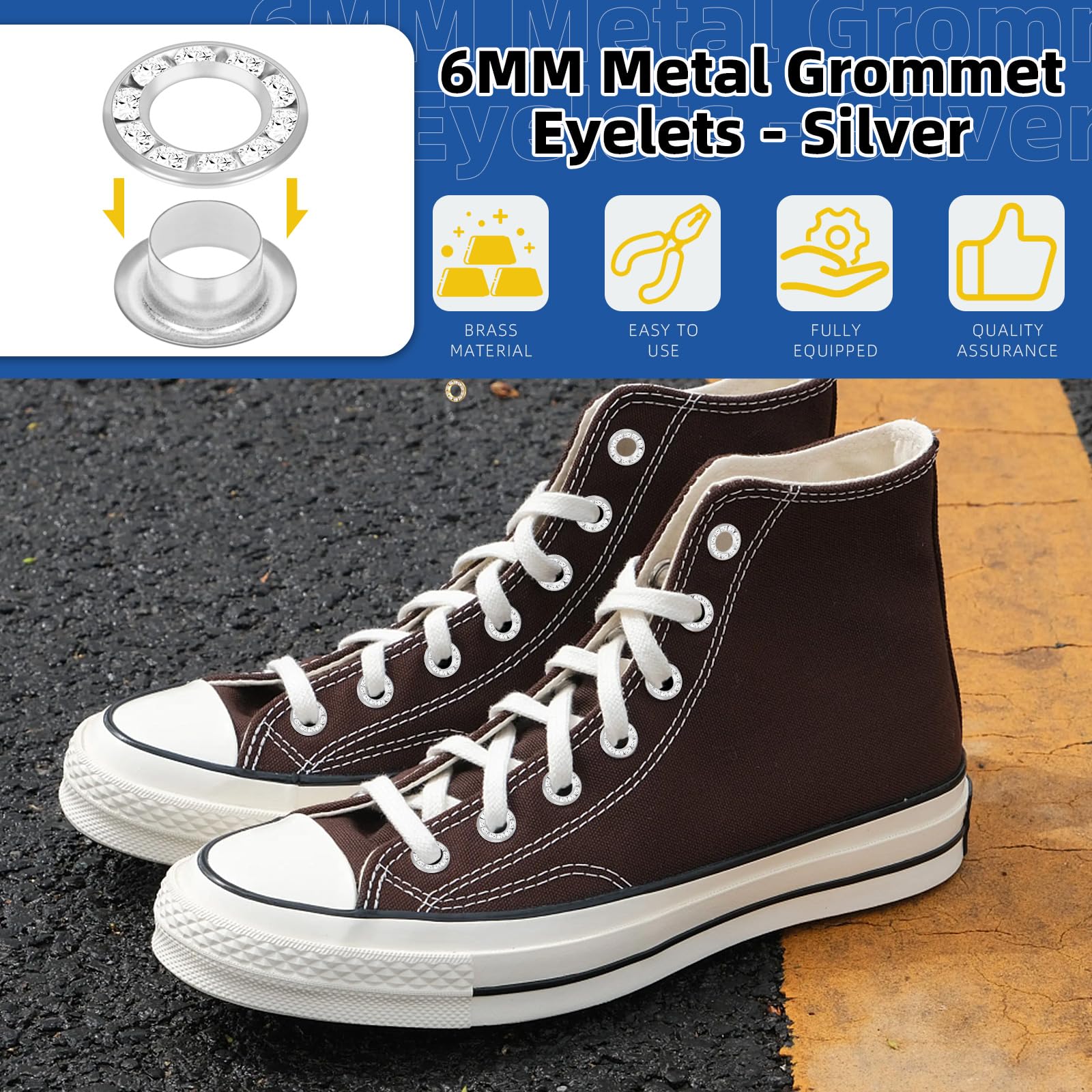 Glarks 100pcs 6mm Grommets Kit with White Diamond Washers Set, Silver Color Brass Grommets Eyelets - Image 3