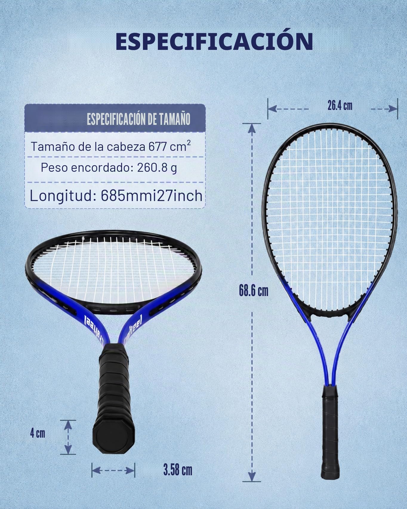 Juego de 2 raquetas de tenis de 27 pulgadas, juego de raquetas de tenis familiares de 27 pulgadas para juegos deportivos recreativos al aire libre