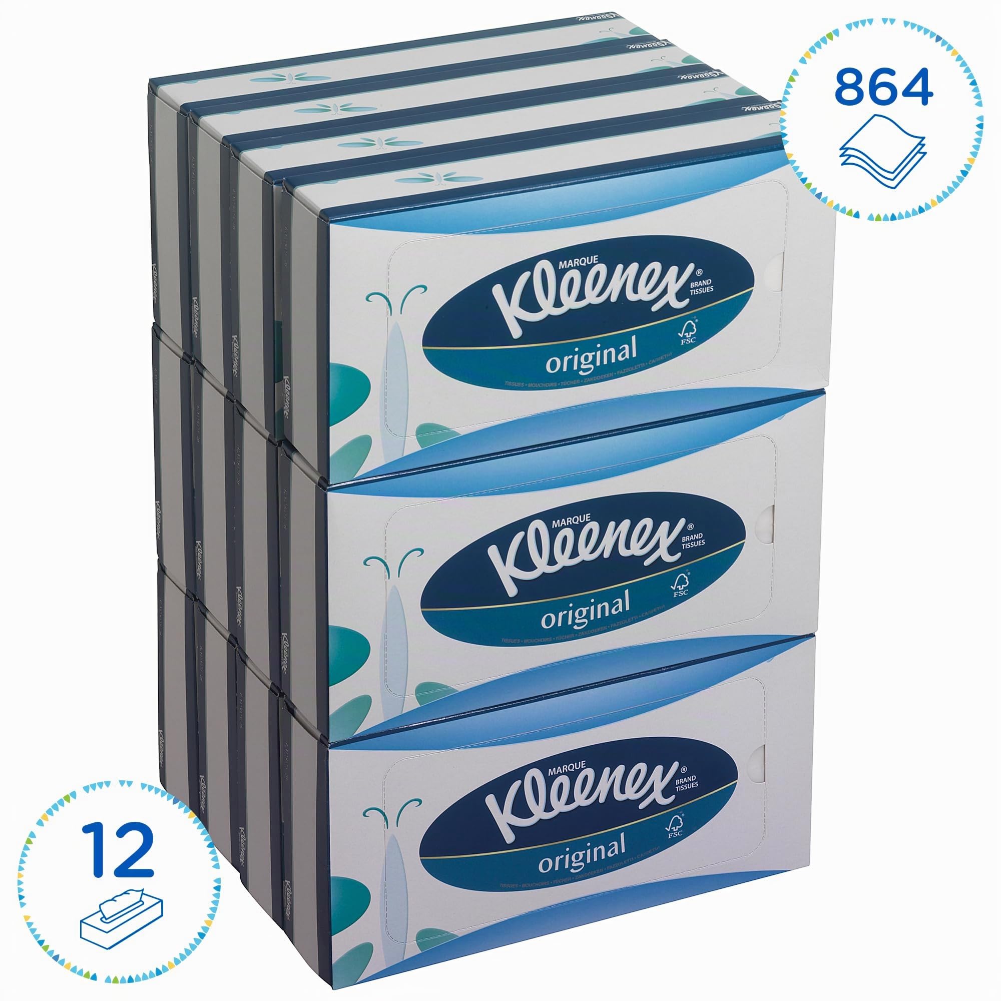Kleenex Mouchoirs en Boite, 3 Epaisseurs, Absorbants, Certifiés FSC, Ecologiques, Idéals pour Bureaux et Espaces Professionnels, 12 Boites x 72 Mouchoirs (864 au Total), Réf. article 8824