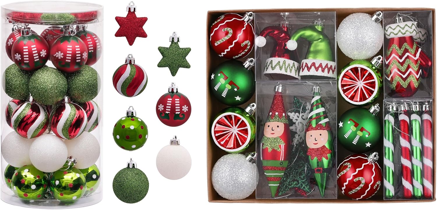 Valery Madelyn Christmas Ornaments Value Bundle, 35ct & 40ct Elf Red Green White Shatterproof Christmas Ball Ornaments Set, Decorative Hanging Ornament Bulk for Xmas Holiday Party Decor