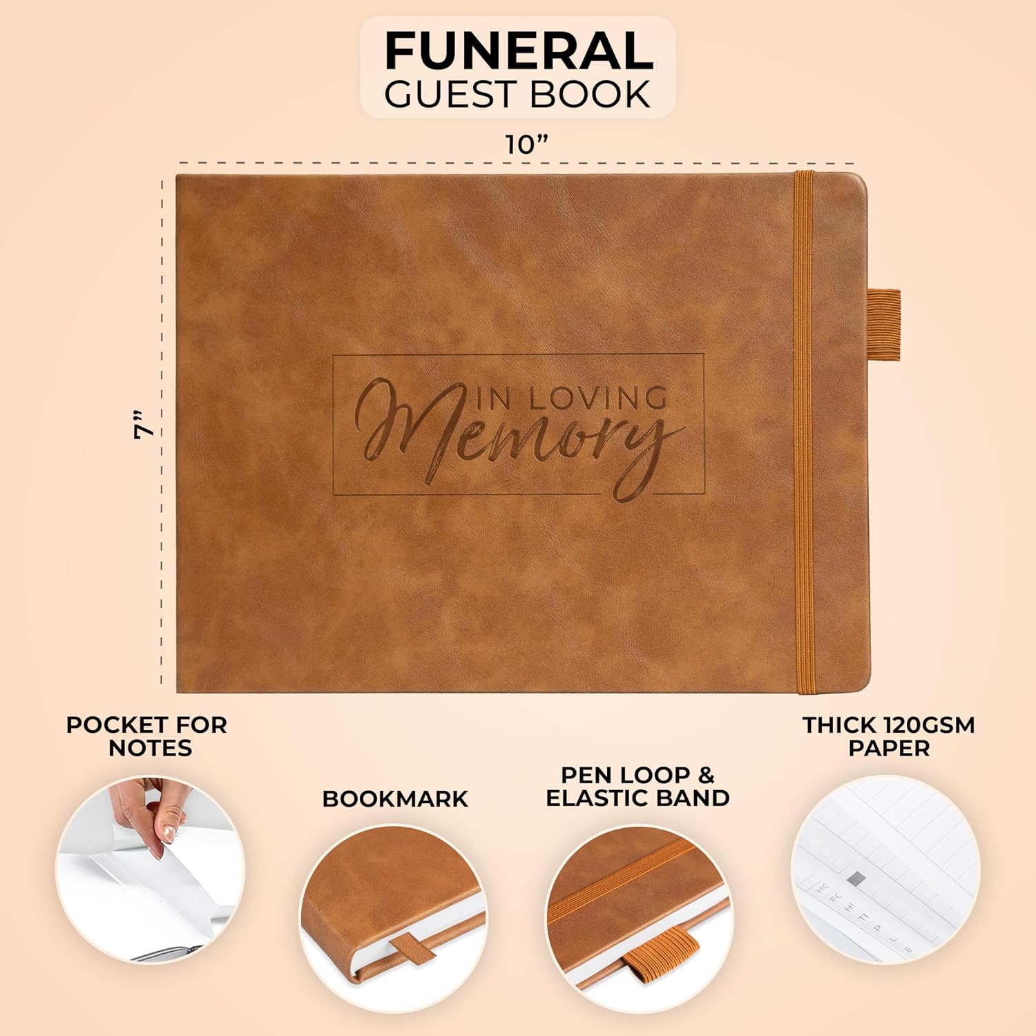 Clever Fox Funeral Guest Book for Memorial Services – in Loving Memory Guest Sign in Book for Funeral Service, Hardcover 10x7” (Brown)