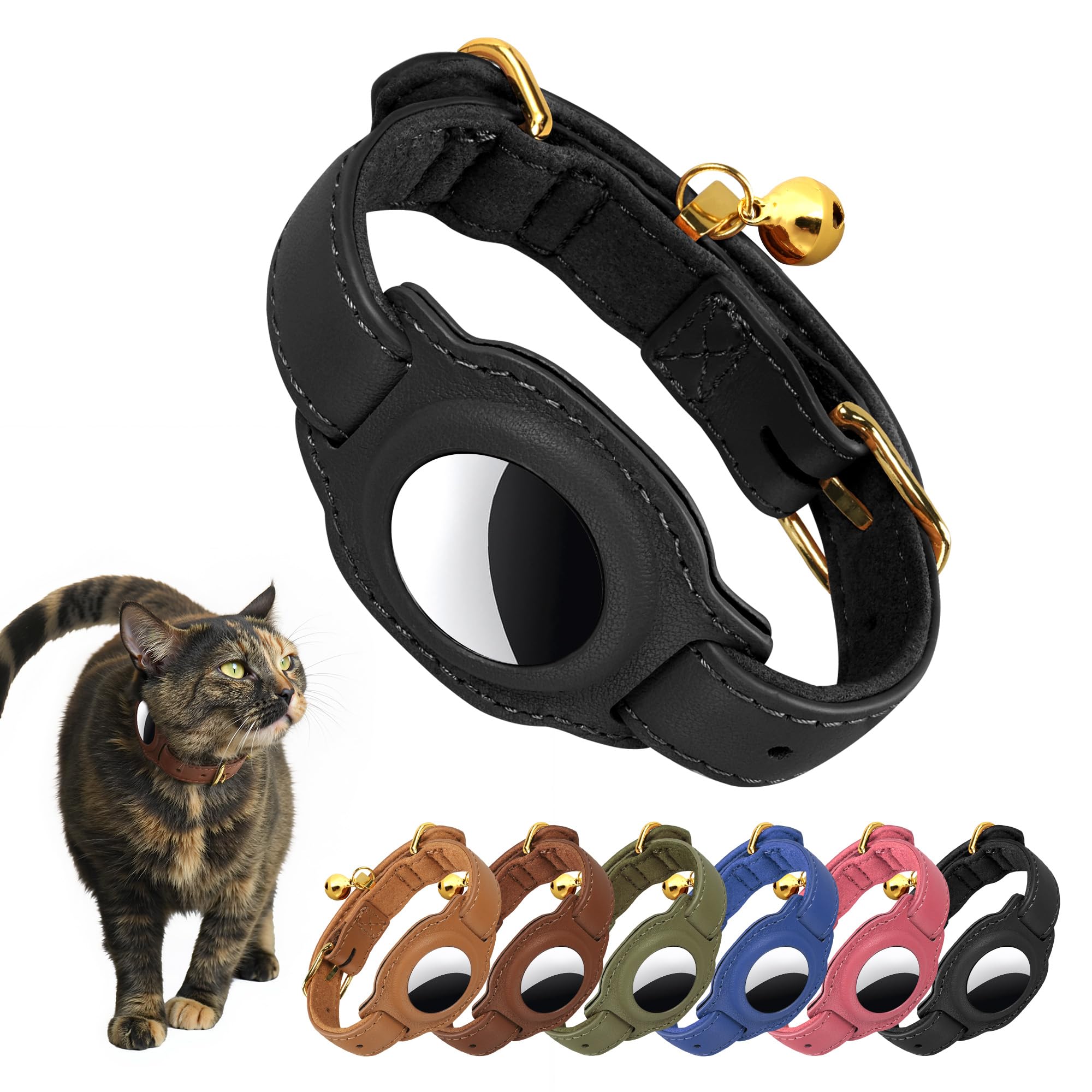 Jowlroel AirTag Cat Collar with Bell & Fabric Liner - Pet Collar Leather Cat Collar - Non Breakaway Leather Kitten Collar with AirTag Holder - GPS Cat Collars for Boy Cats, Girl Cats (Black)