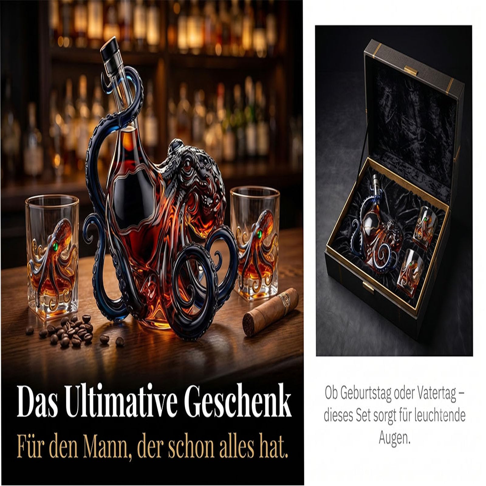 Juego de whisky con forma de pulpo en 3D | Decantador + 2 vasos | Perfecto para whisky, ron, bourbon o cócteles; un regalo único para hombres, aficionados a los bares y coleccionistas.