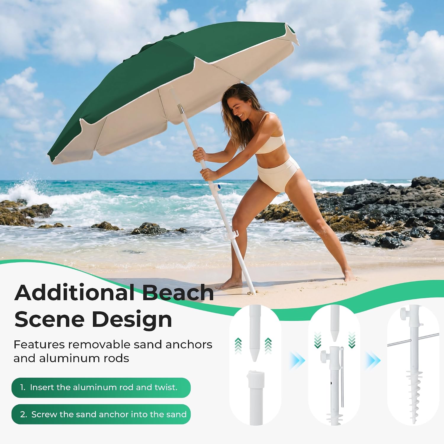 jearey 6.5ft sun shade umbrellas, portable umbrella with stand, lightweight sun protection free standing sport umbrella for outdoor sports, camping, fishing, patio, beach, dark green 6.5ft dark green