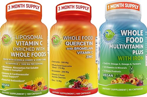 Vitaminas diarias completas – Quercetina con suplemento de bromelina con multivitamínico Plus para hombres y mujeres con hierro y gel líquido de