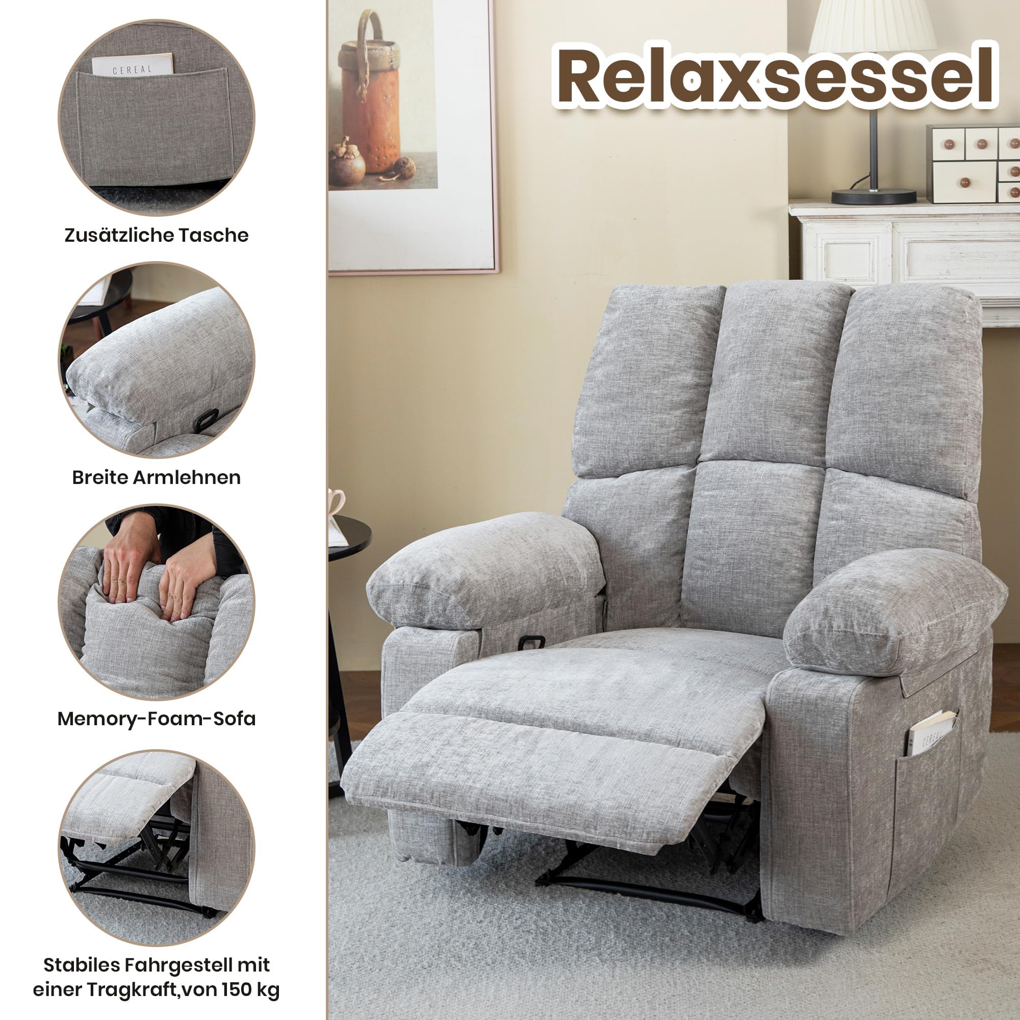 Fernsehsessel mit liegefunktion,Relaxsessel mit Leinenoptik,Sessel liegesessel bis 150 kg belastbar,für Wohnzimmer (Grau)