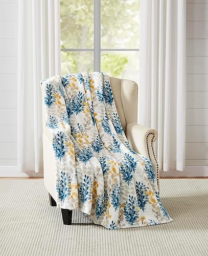 Miniatura 5 de Manta de forro polar floral botánico aterciopelado suave, acento duradero para cama o sofá hojas verde azulado y amarillo, 50 x 70 pulgadas