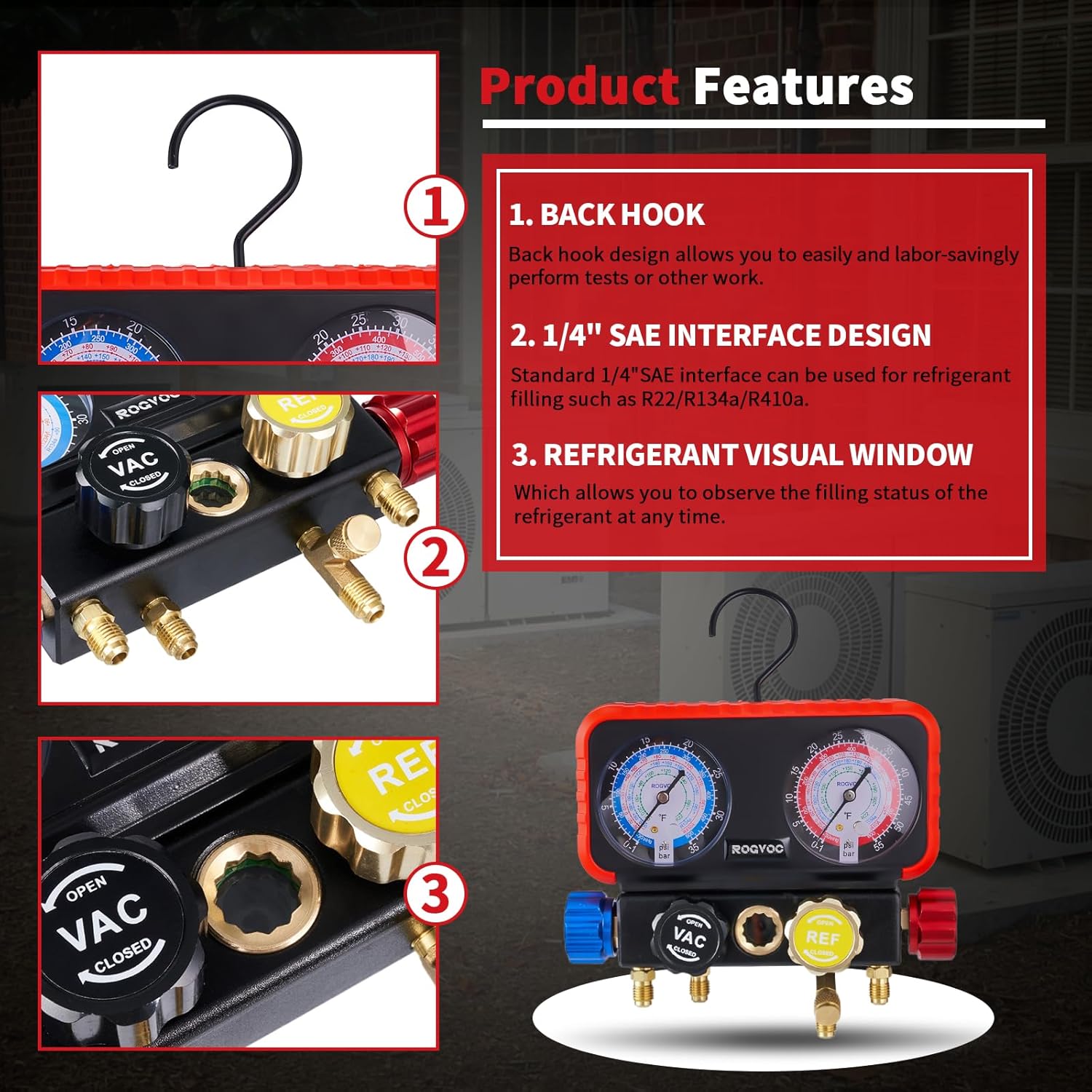 AC Gauges, AC Manifold Gauge Set for R22/R410a/R134a Refrigerant, 4 Way HVAC Refrigerant Gauges Set with R22 R410a Safety Valves, 5FT Hoses, R134a Adapters, Can Tap, Red