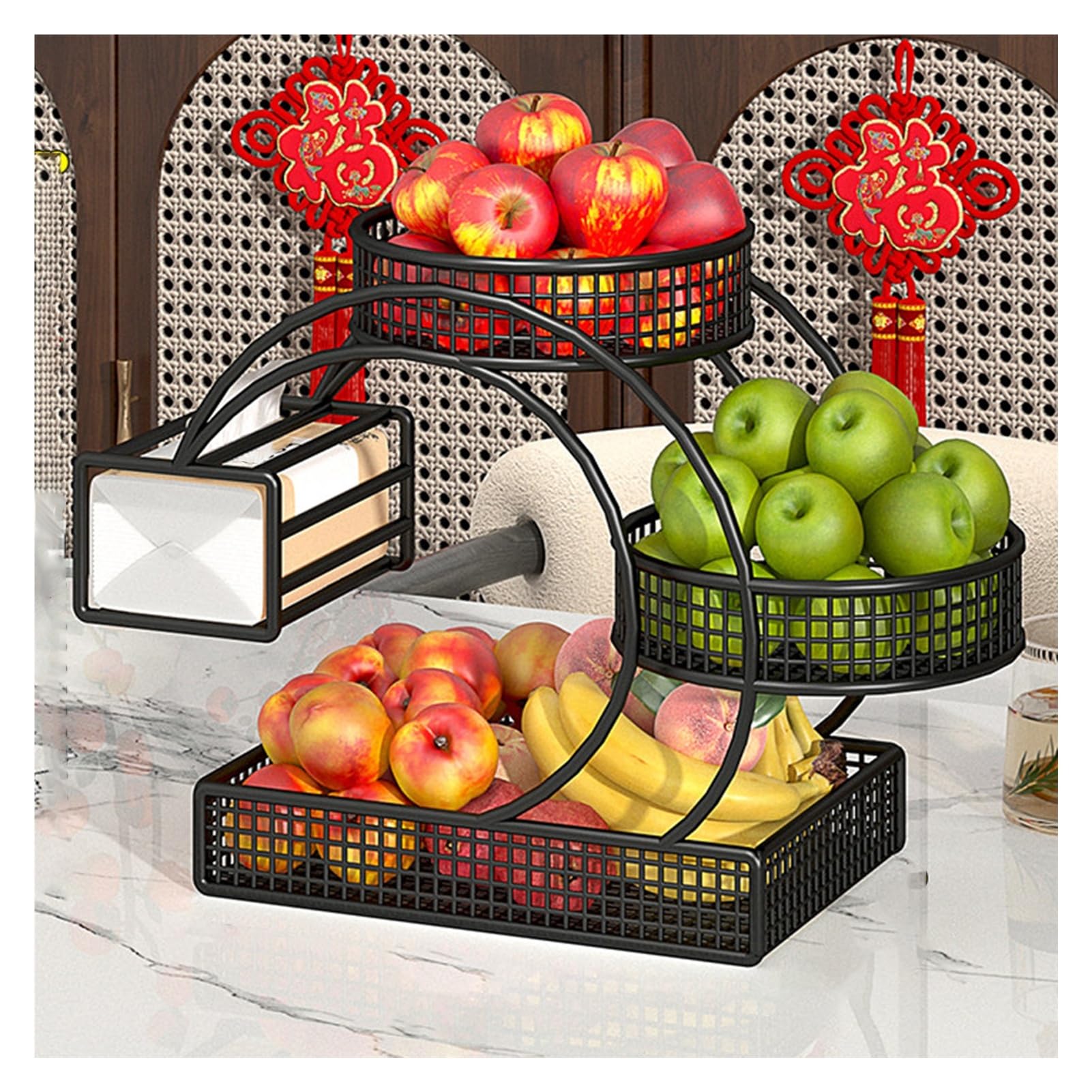 XCSDEW Wrought Iron Pastry Rack,Floor-standing Shelf,Hollow Fruit Storage Box,With Tissue ,Suitable for Living Room Use(Black)