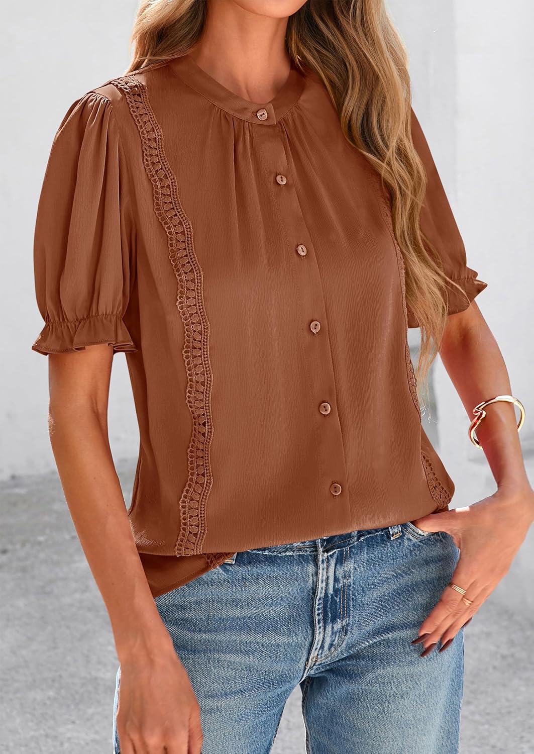 PRETTYGARDEN Women’s Puff Ruffle Sleeve Tops 2025 Summer Trendy V Neck Button Down Shirts Casual Embroidery Chiffon Blouses - Image 8