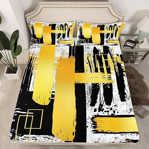 Manfei Sábana bajera abstracta tamaño matrimonial, funda de cama geométrica moderna con 2 fundas de almohada, juego de ropa de cama de 3 piezas para