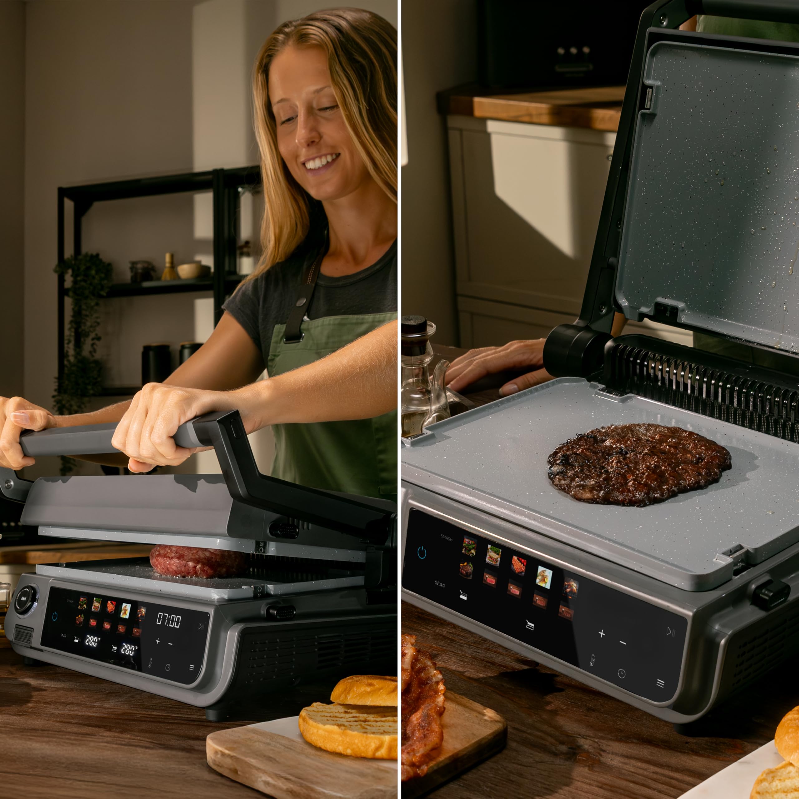 Cecotec Griglia elettrica con Grill Rock'nGrill 2000 Smash PerfectCook. 2000 W, Sonda Temp, Smash Burger, Smokeless, Dual Temp, Raccoglitori, piastre reversibili, superficie 30 x 21 cm, acciaio