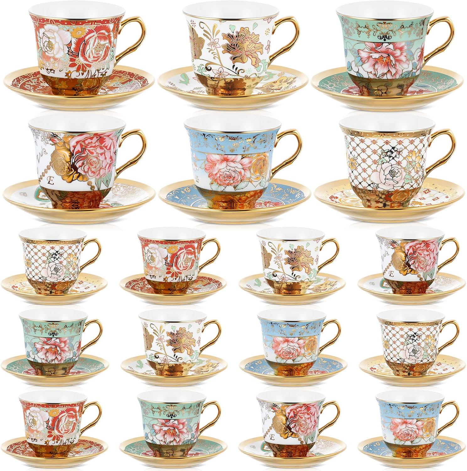 Set of 18 Tea Cups and Saucers Tea Party Decorations Floral Porcelain 5.4 oz British Gift for Women Birthday Party, Church, and Mother's Day (Stylish Style) Stylish Style 18