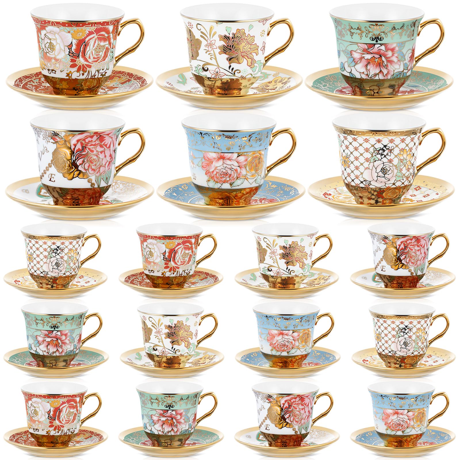 Teenyyou Set of 18 Tea Cups and Saucers, Stylish Style, 5.4 oz