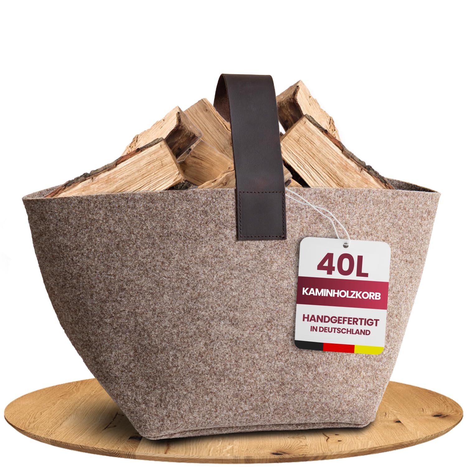 Panier à bois de cheminée en feutre Designer 40L Fabriqué en Allemagne Beige
