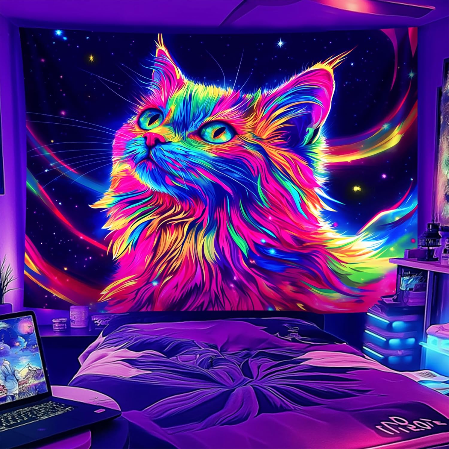 NYZE Cat Tapestry for Bedroom, Music Wall Tapestry, Party Decor Glow in the Dark Room Decor Tapestries, Cool Galaxy Planet Wall Hanging, Wall Hanging for Room Dorm 90in x 70in
