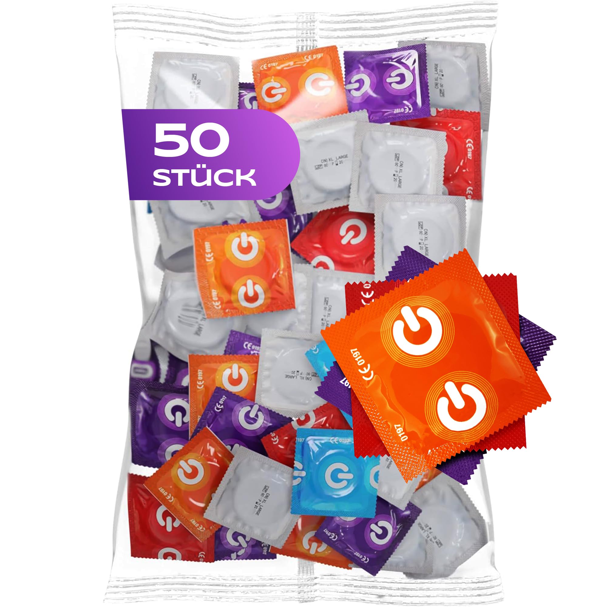 ON) Kondome Mix | 50 Stück Packung | Premium 7 verschiedene Sorten & Größen mit 54 mm Breite | 10x extra dünn, natur & genoppt | 5x extra stark, mit Erdbeer, Banane, Schoko Duft