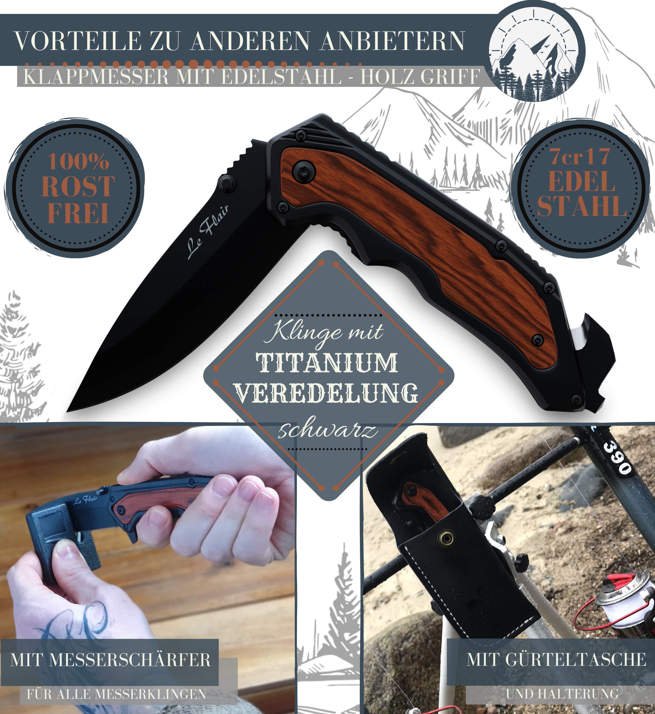 Le Flair® Outdoor Messer - Einhandmesser Taschenmesser mit 8,5cm Edelstahl Titanklinge - Survivalmesser mit Korrosionsschutz - Bushcraft Messer inkl. Messerschärfer und Magnetbox - Klappmesser