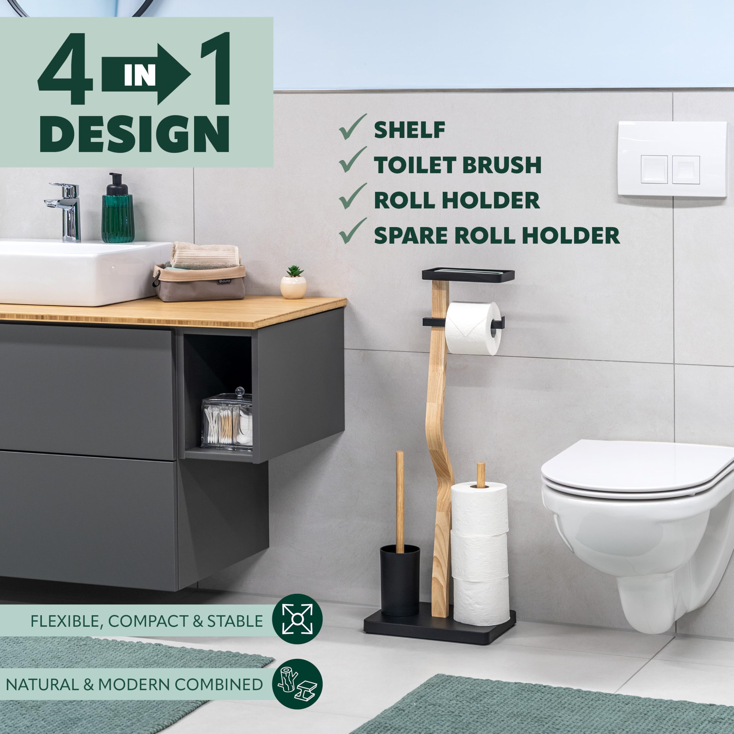eluno Set WC 4 in 1, set WC autoportante con scopino per WC, 2 testine di ricambio, porta rotolo per 3 ruote e ripiano, in legno certificato FSC e metallo (nero)