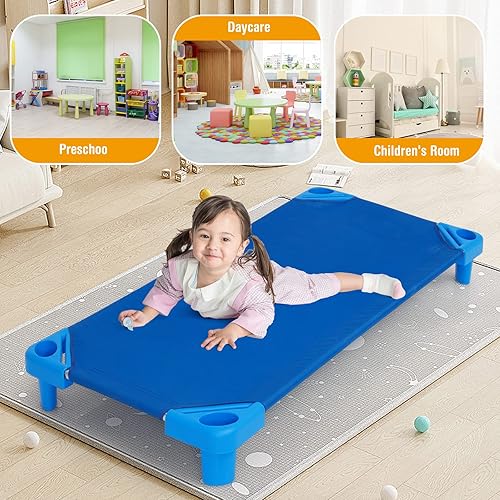 Vista 3 de HONEY JOY Catres infantiles para guardería, paquete de 6, catres apilables de 52 pulgadas de largo para descansar, siesta, esquinas de fácil Azul