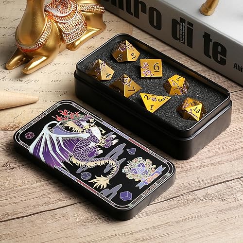 Miniatura 4 de DNDND Dados DND de metal de flores, 7 piezas de dados metálicos sólidos pesados con estuche de regalo para juego de mesa D&D Dungeons and Dragon