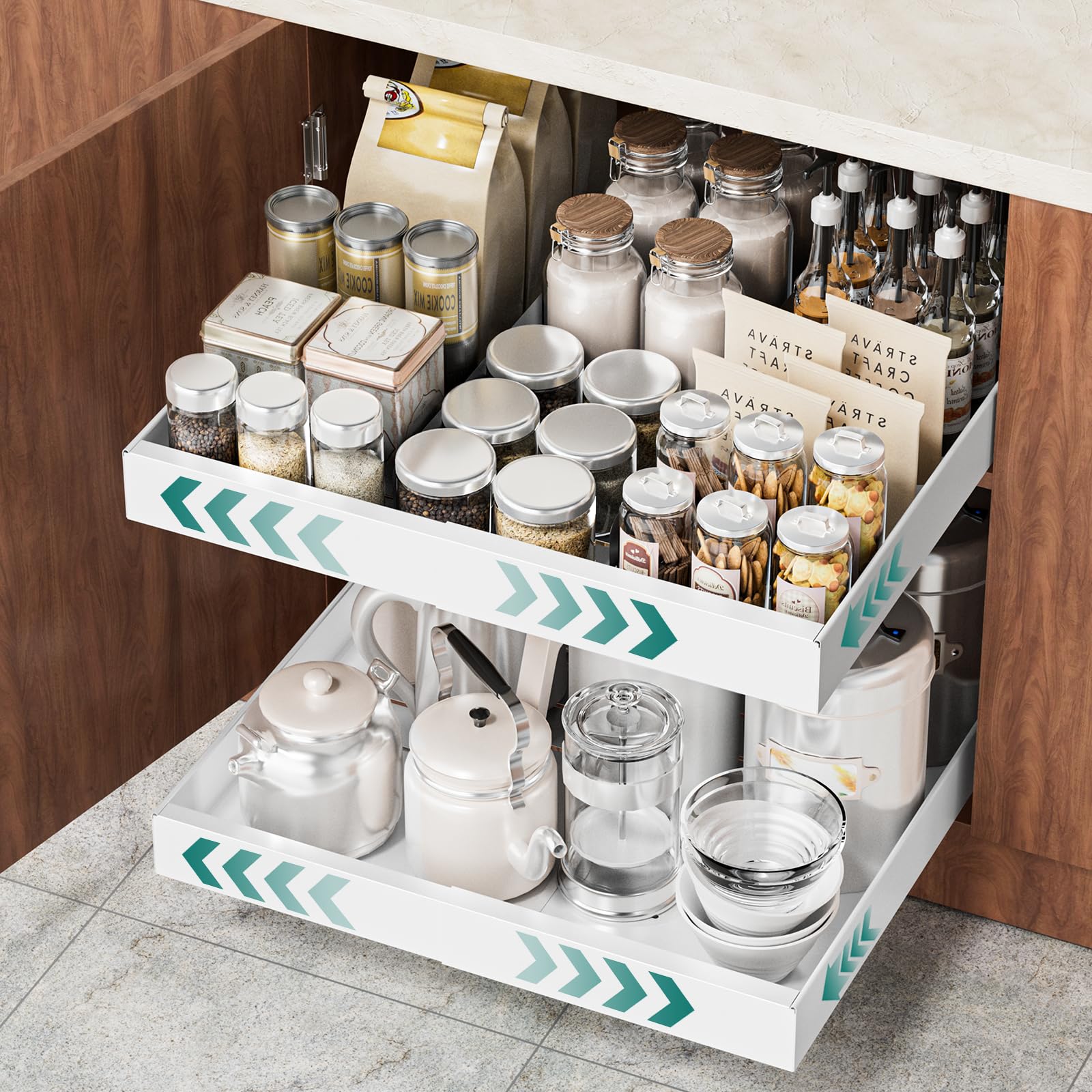 HG PLVTII Ausziehbarer Schrank Organizer – Erweiterbare Teleskopschublade für Küchenschränke, Breitenverstellbarer Schrankauszug, Slide-Out Drawer für Küche & Vorratsraum (1 Stück, Weiß)
