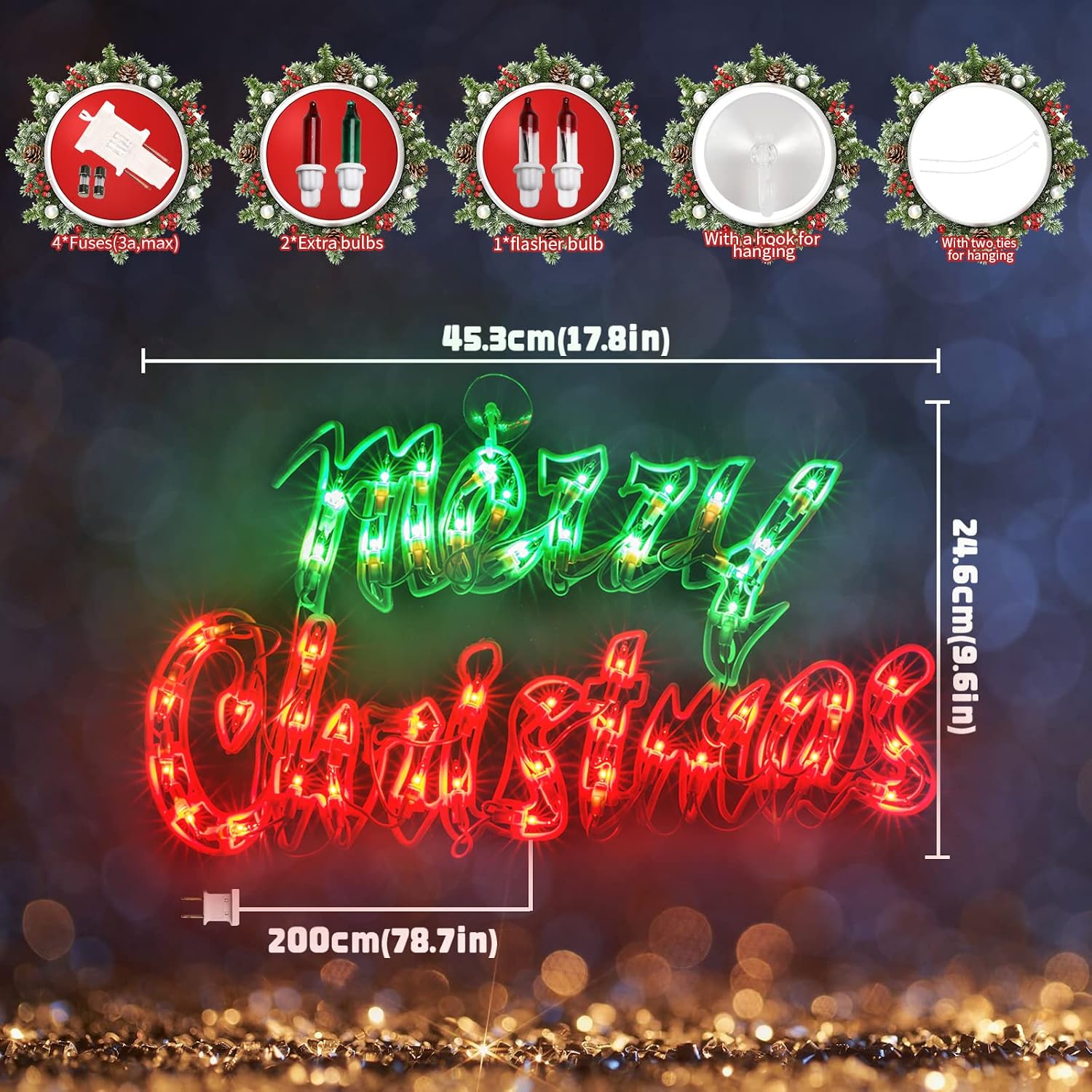 18 Inch Merry Christmas Window Silhouette Lights Decorations, 50L Christmas Sculpture, 1-PACK