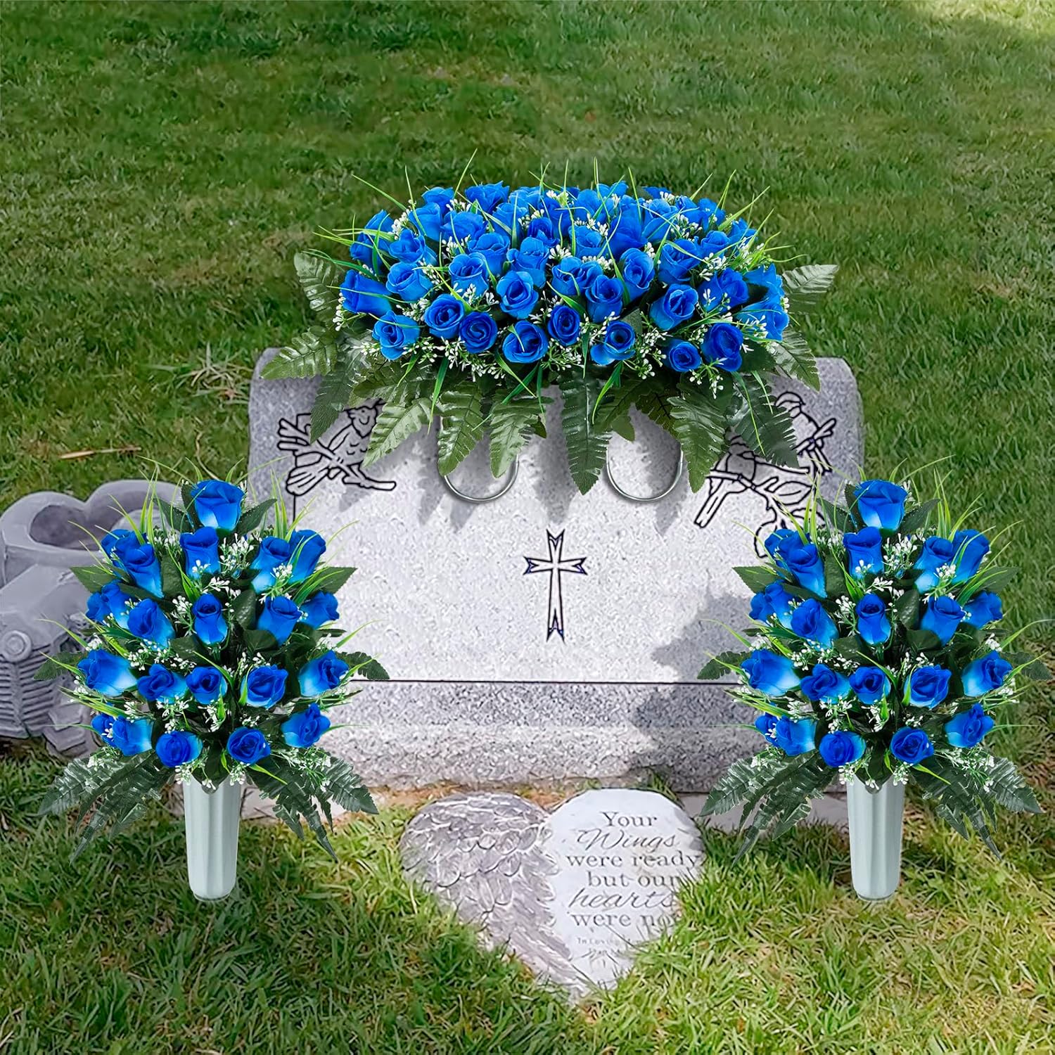 XONOR Artificial Cemetery Flower Saddles, Artificial Cemetery Memorial Flowers with Vase for Grave Tombstone Decorations (Blue, 1 Saddle & 2Bouquets with Vase)