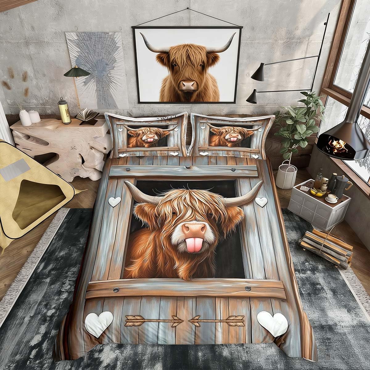 Loussiesd Highland Cow Duvet Cover Set Single Size For Kids Boys Girls Teens Highland Cattle Bedding Set Farmhouse Animal Duvet Cover with 1 Pillowcase Rustic Wooden Bedding โ image 1