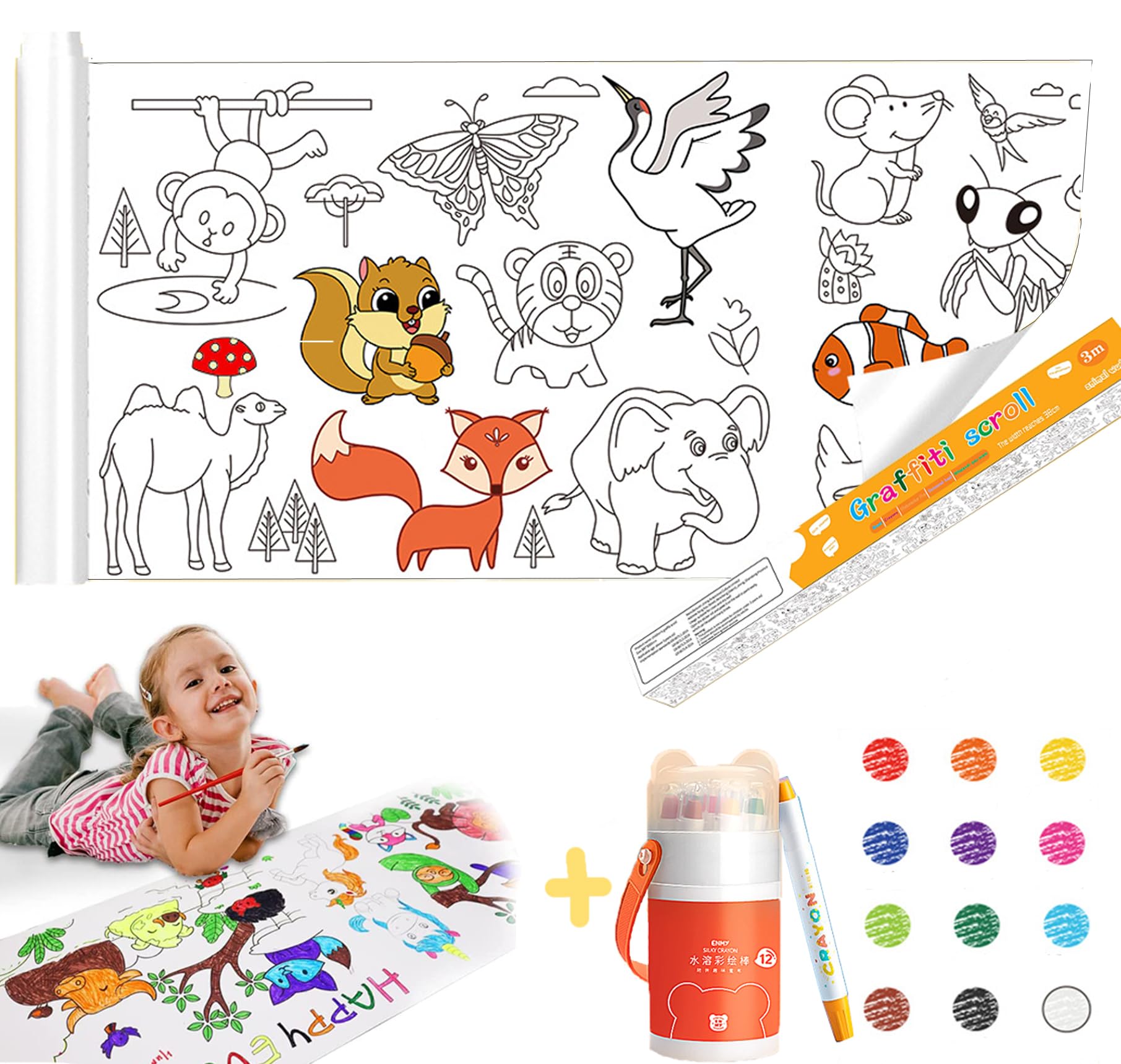 Jumbo 30m Kids Drawing Paper Roll with 12 Non-Toxic Crayons - Stickable Wallpaper, Animal World Coloring Art Set, Safe & Washable DIY Educational Toys Gift for Toddlers Ages 3-6