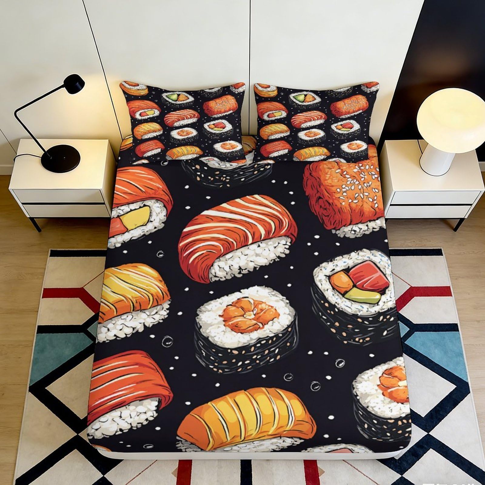 3D Printed Sushi Pattern Fitted Sheet Microfiber Soft Durable Japanese Food Bed Sheet with Mattress Cover for Bedroom Dormitory Guest Room Protection 90x200x25cm