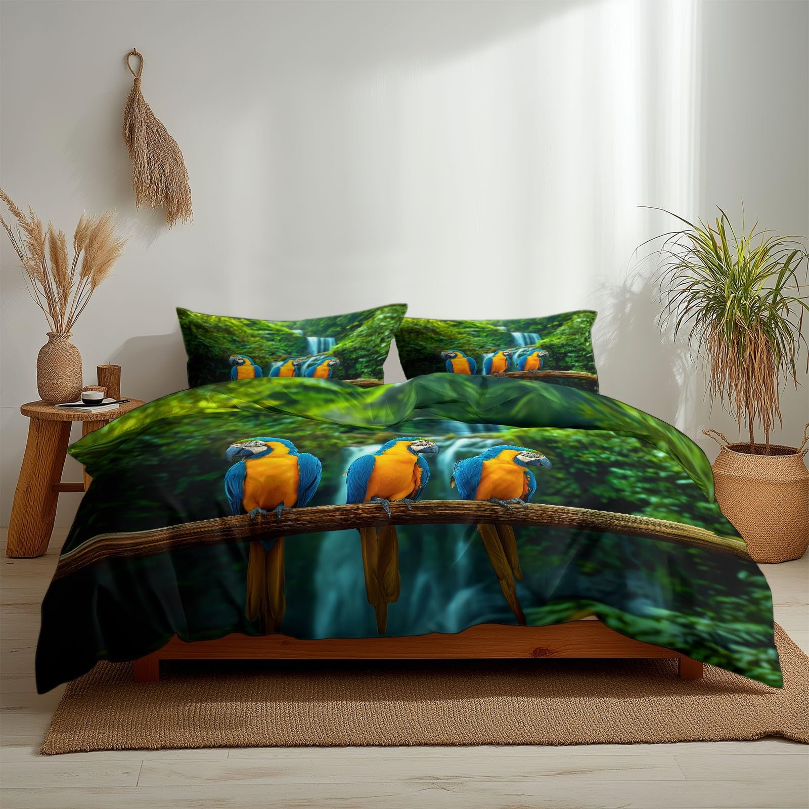 Bettwäsche-Sets 200x200 cm Tropisch Vögel Wald Wasserfall, Erwachsene Teenager Microfaser Bettbezug Deckenbezug, Dunkelgrün Bettwäsche Set mit Reißverschluss und 2 Kissenbezug 80x80 cm