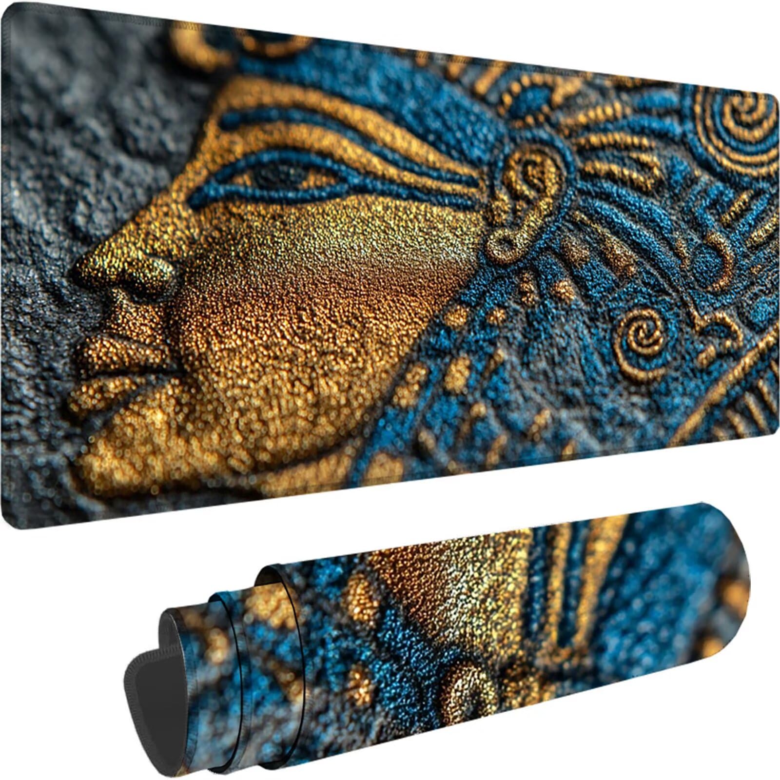 Niebieska podkładka pod mysz, duża podkładka pod mysz XXL 1600 x 800 x 3 mm egipski faraon pod biurko, podkładka pod mysz do klawiatury i biura, z przeszytymi krawędziami i antypoślizgowym tyłem do
