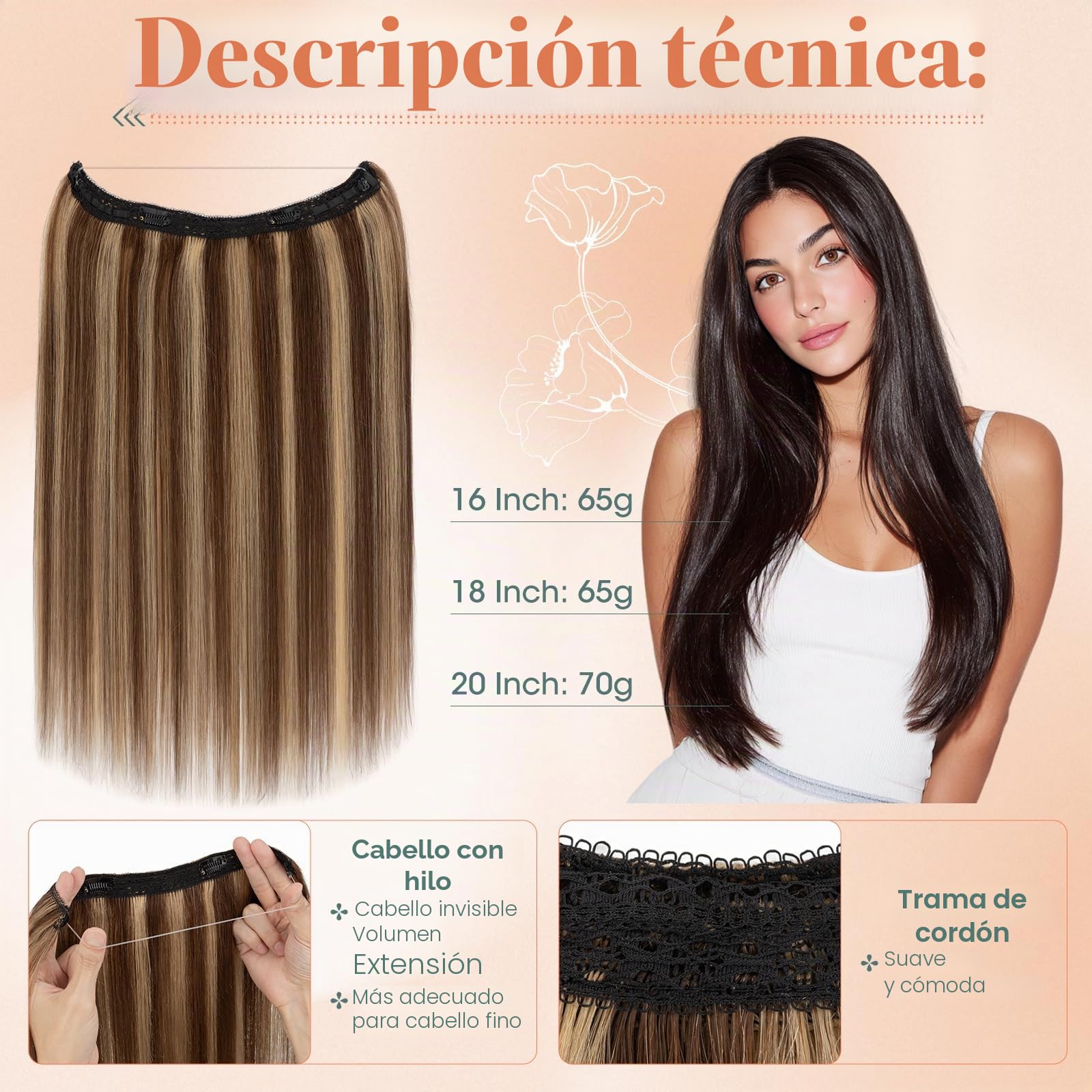 Benehair Extensiones de Alambre de Cabello Humano, 65g Una Sola Pieza Invisibles Extensión, Ajustables de Cabello Humano Extensiones, Halo de Alambre de Cabellera Real, 45CM #4RP27R