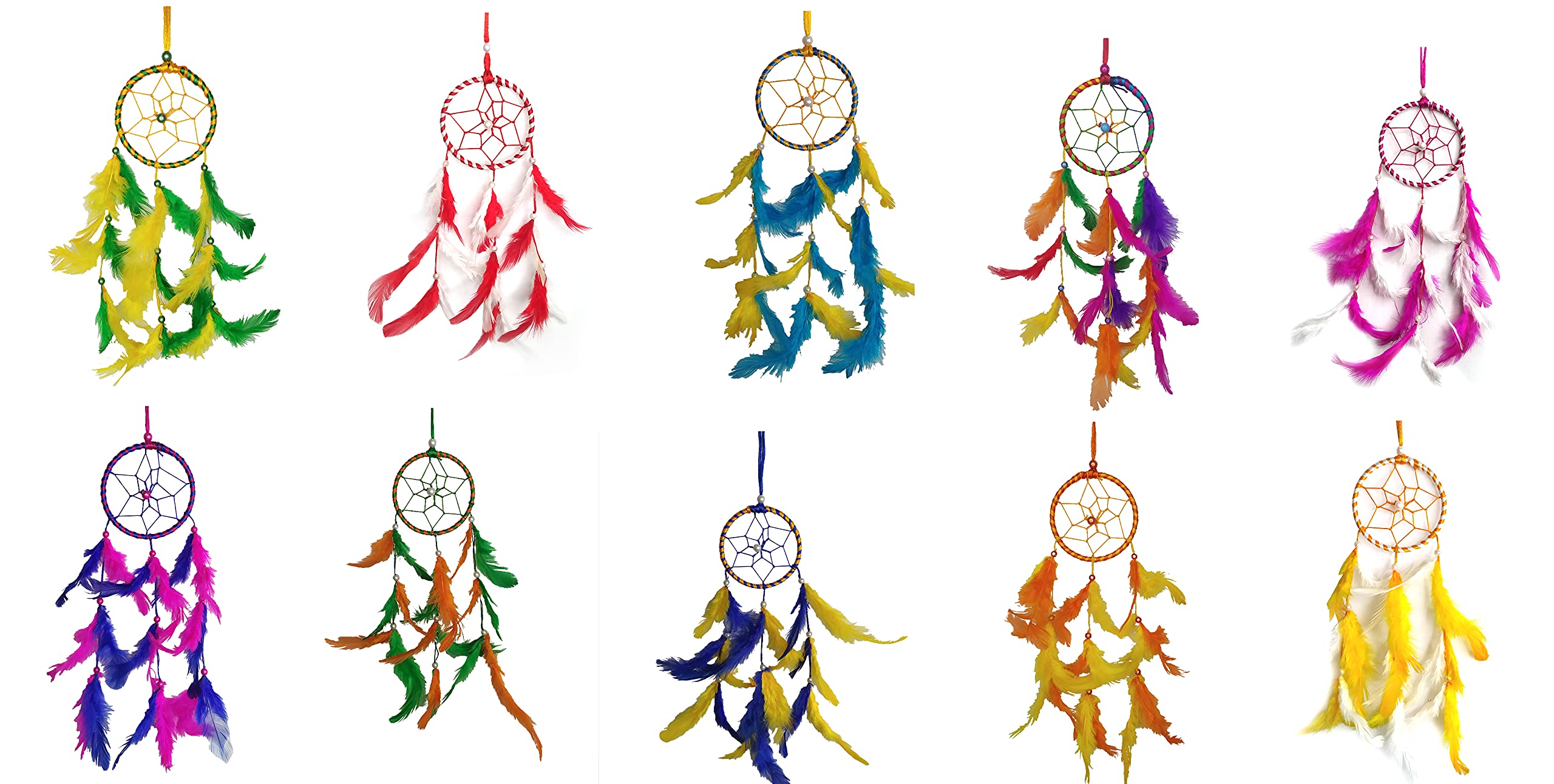 Mehruna Dream Catchers Wall Hangings Feather Wind Chimes Small Ring Beaded for Kidsroom Car Bedroom Handmade Wall Décor & Home Decorative Items Pack of 10-image-37