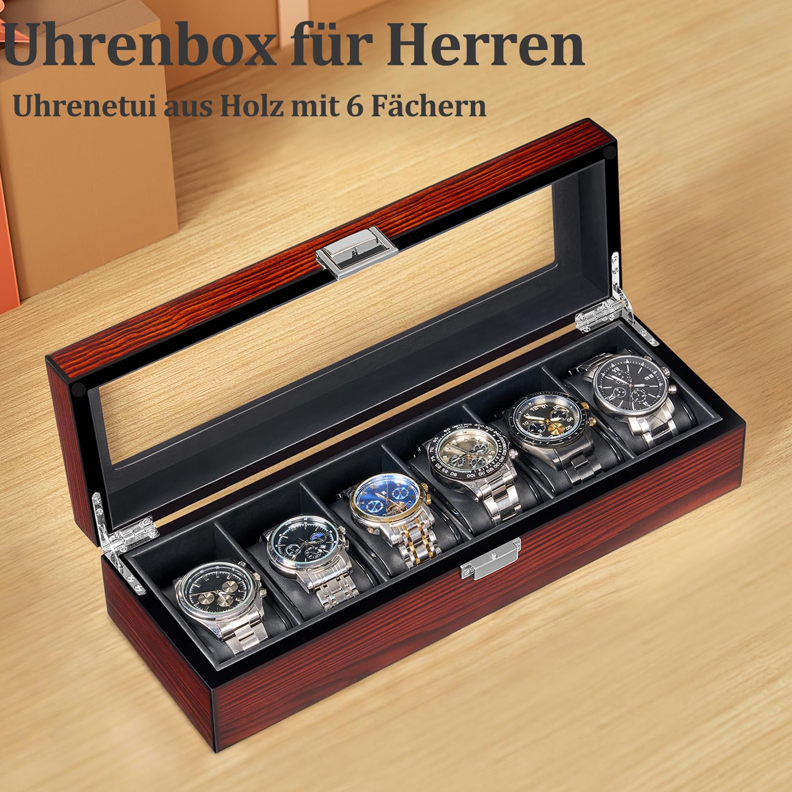 BEWISHOME Uhrenbox 6 uhren aus Holz für Herren – Luxus Uhrenbox Herren, Echtglas-Oberseite, glattes Kunstleder innen, Uhrenaufbewahrung, Braun ESSH06Y