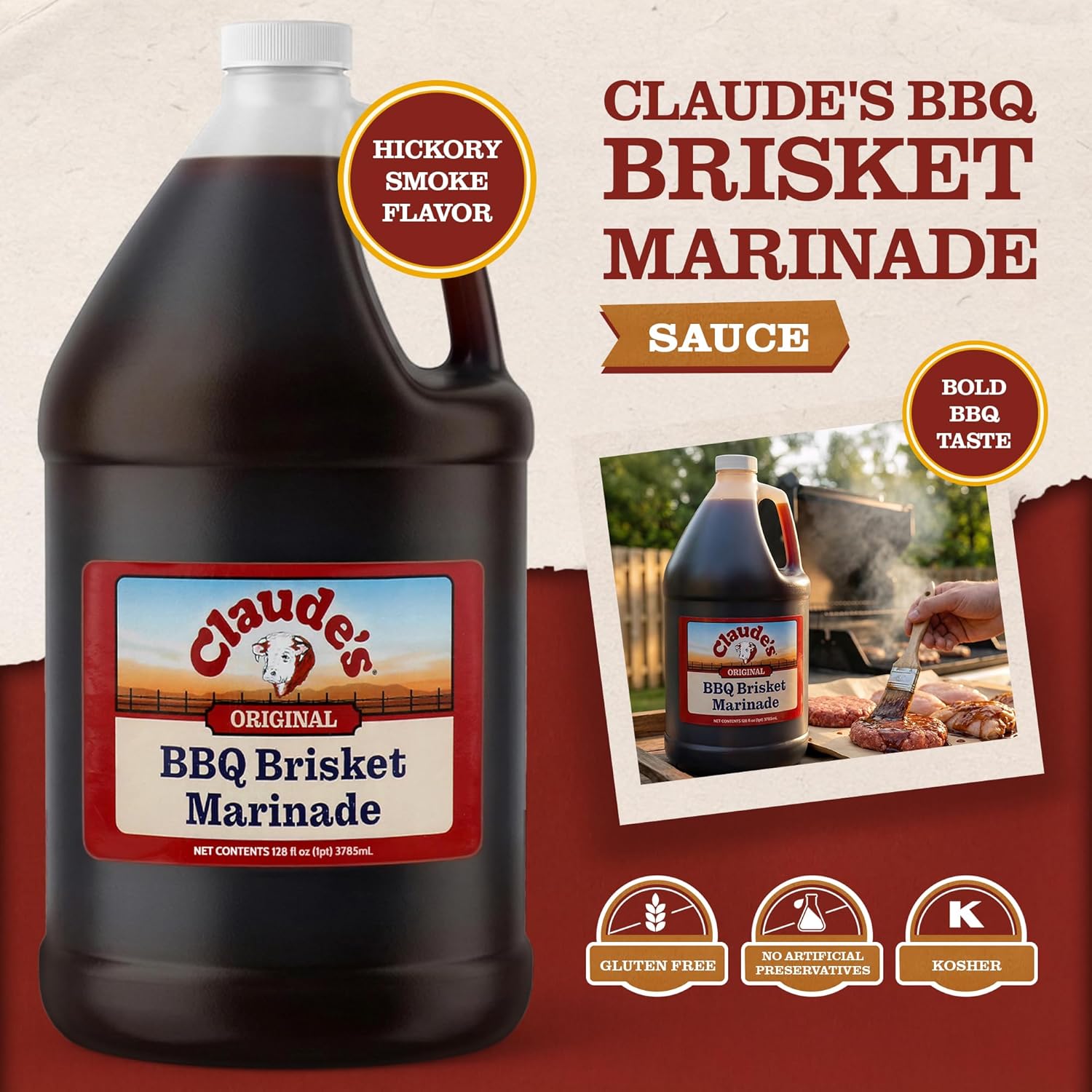 Claude's Authentic BBQ Brisket Marinade Sauce – Smoky Texas Tenderizing, Mouthwatering Barbecue Sauces for Meat, Brisket & More - All-Natural Gluten-Free BBQ Marinade (128 oz, 1 Pack)