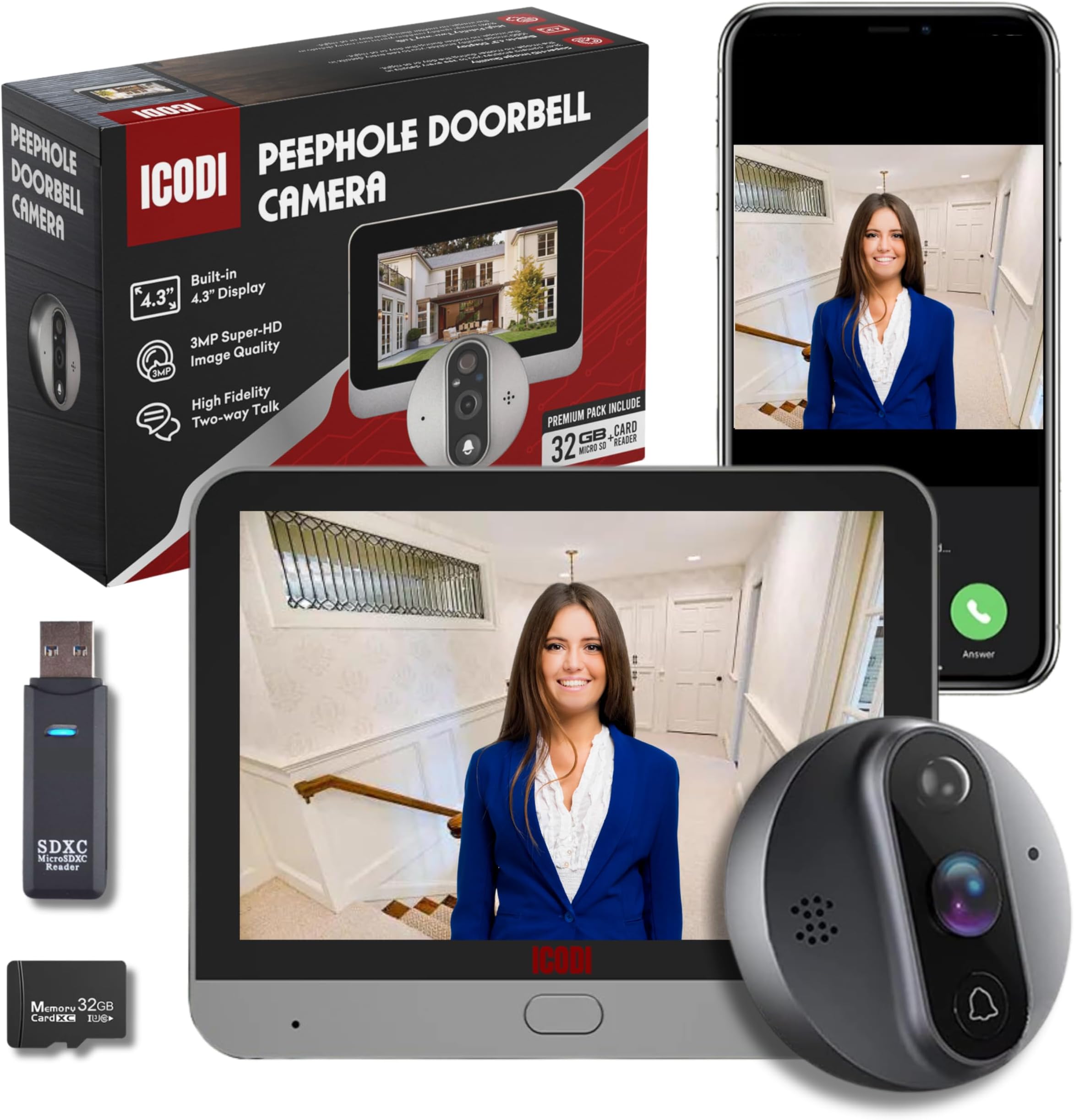 ICODI Mirilla Digital Puerta WiFi Grabadora, Pack Premium 3MP Super-HD ...