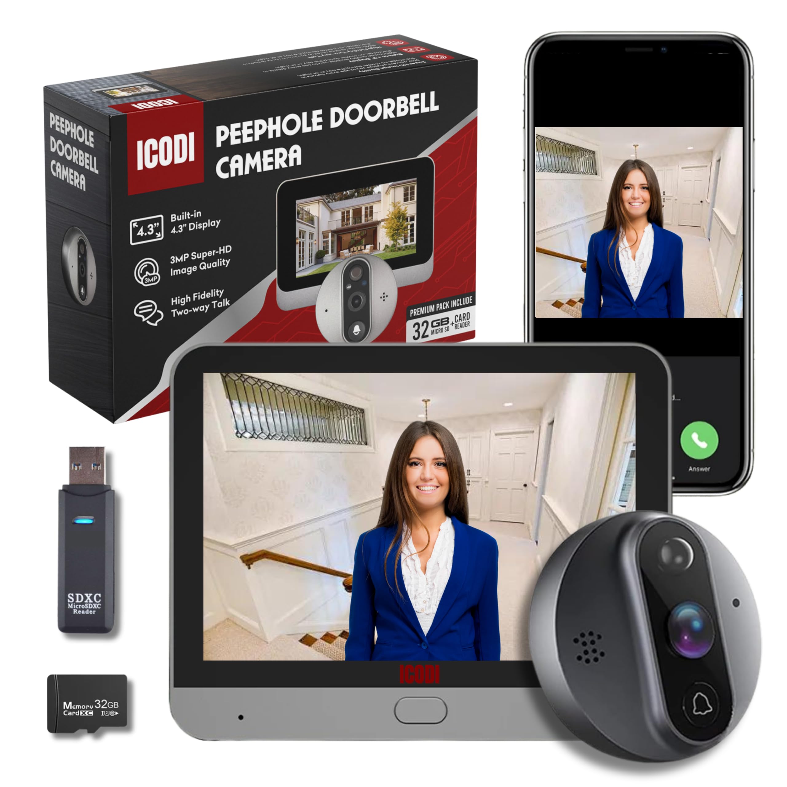 ICODI Mirilla Digital Puerta WiFi Grabadora, Pack Premium 3MP Super-HD, Pantalla 4.3", 5200 mAh, Sin Suscripción ni Cuotas, con MicroSD de 32GB, Alexa/Google Home, hasta 4 Dispositivos, App TuyaSmart