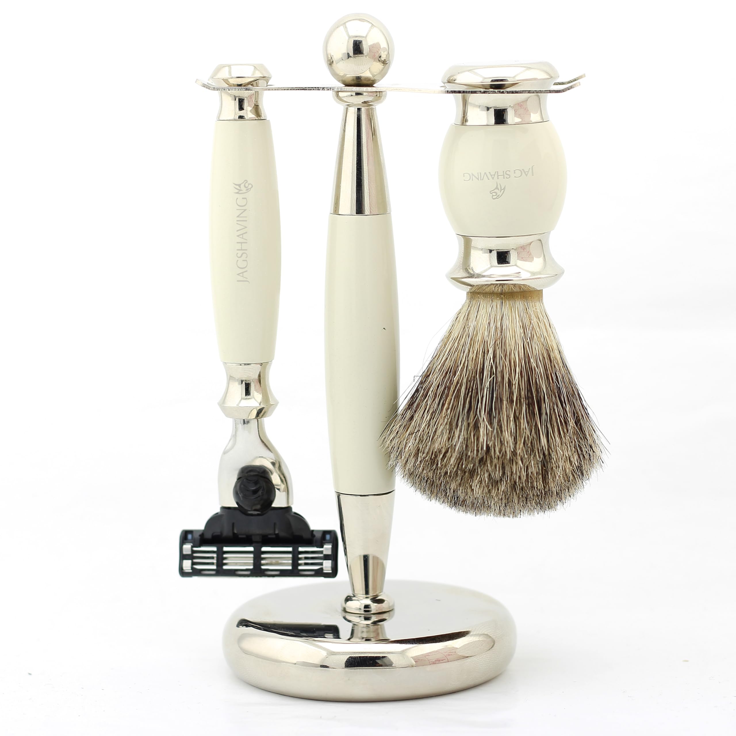 Haryali London, Set da barba uomo 3 pezzi, kit rasatura uomo con rasoio 3 lame, pennello da barba tasso e supporto, set rasatura classica completo, set regalo uomo barba elegante - avorio