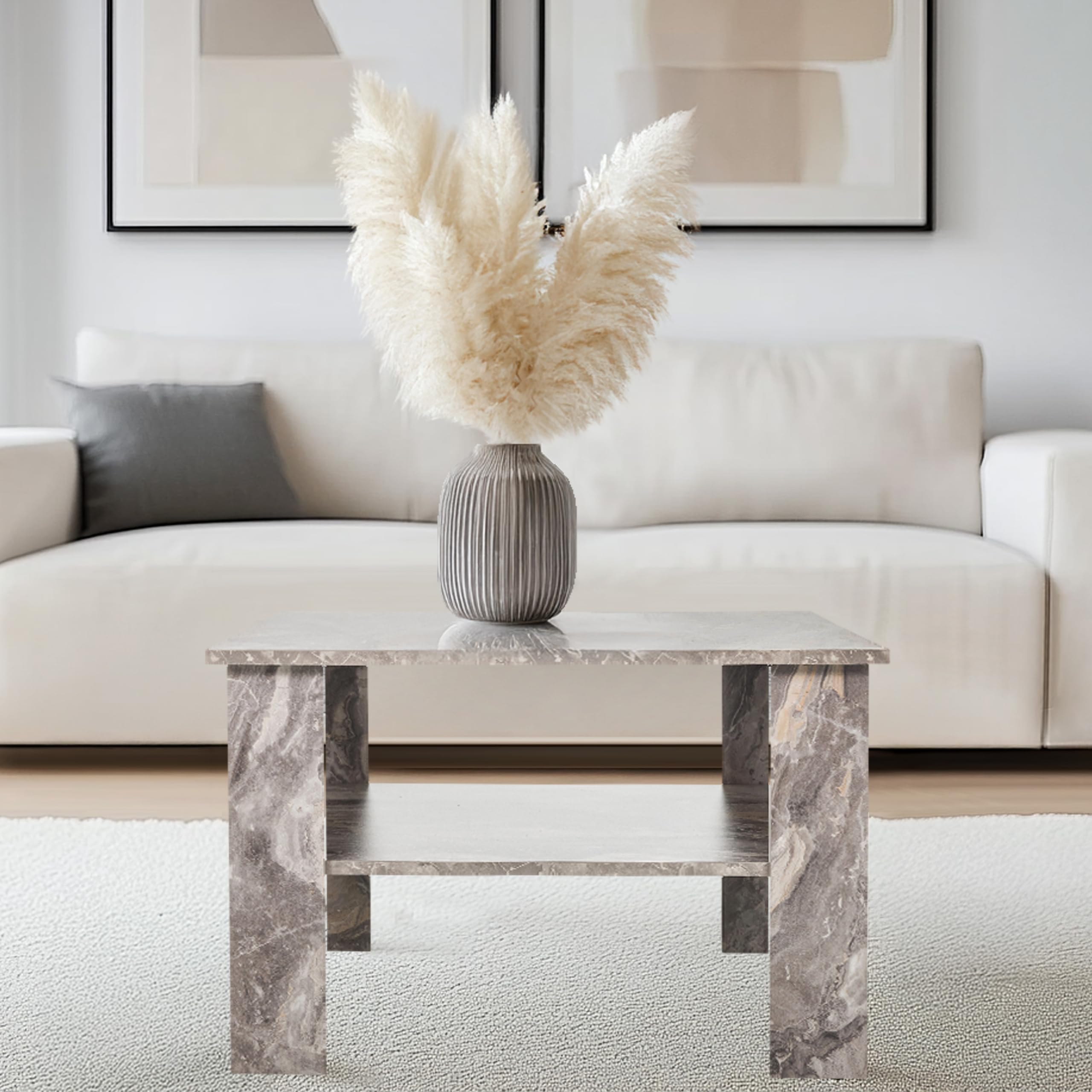 Couchtisch in Marmor-Optik 70x70 cm BISMO Wohnzimmertisch mit zusätzlicher Ablagefläche, Moderner Beistelltisch Quadratisch, Grau