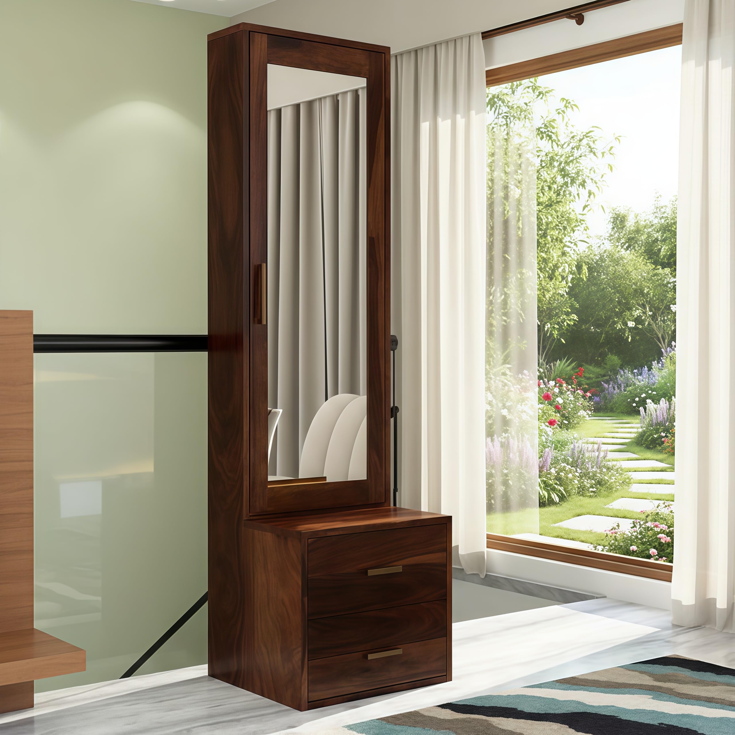 Solid Sheesham Wood Dressing Table with Mirror - 2 Drawers & 4 Shelves Storage - Wooden Vanity Table for Bedroom with Ample Storage (Walnut Finish)