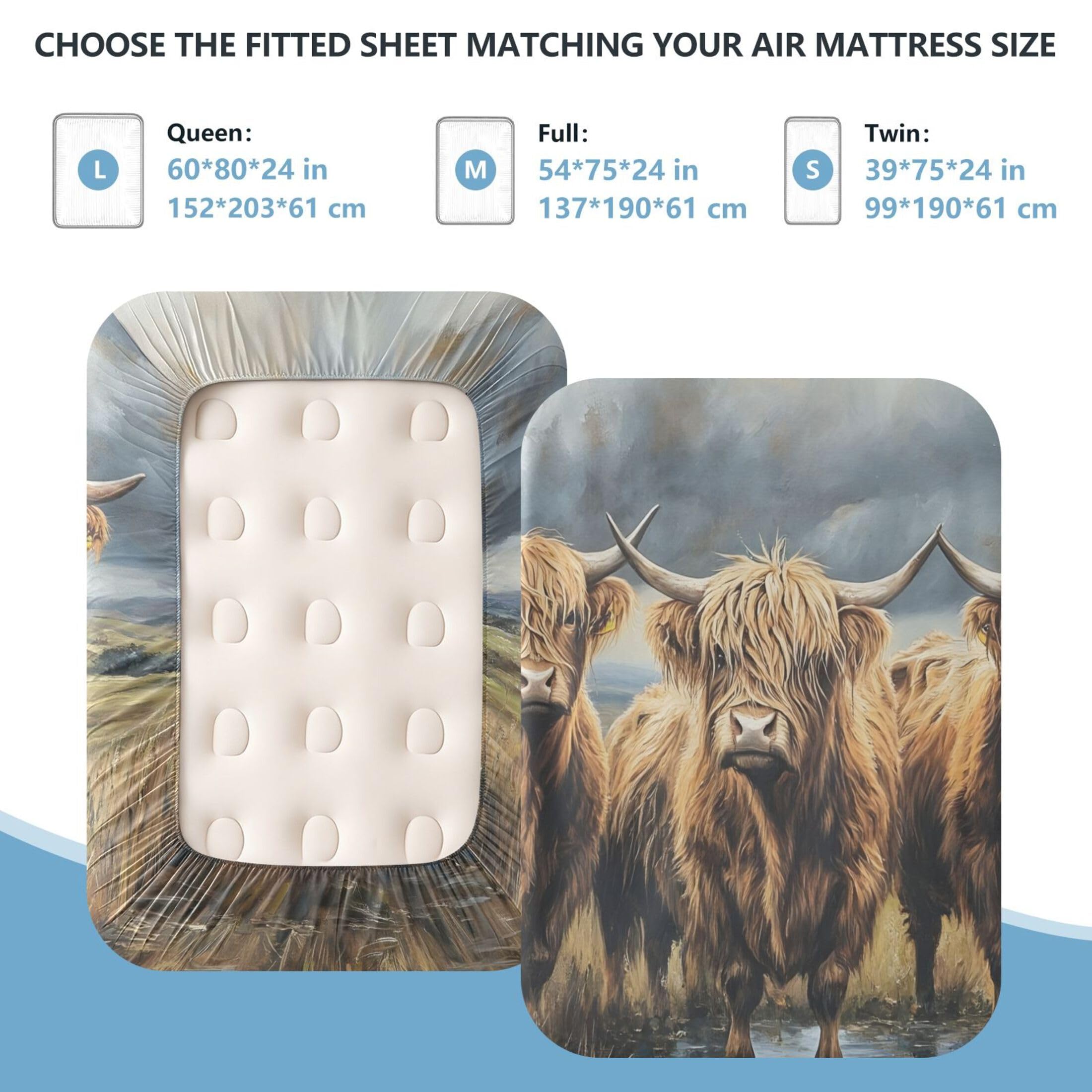 Highland Cows - Sábana bajera ajustable individual para colchón de aire, bolsillo extra profundo de 24 pulgadas, funda suave y transpirable con apertura de válvula de cremallera para cama de