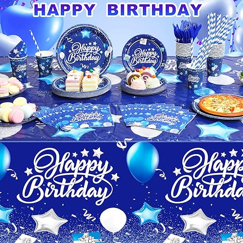 Miniatura 4 de Norme Juego de vajilla de cumpleaños de 176 piezas, color azul marino y plateado, incluye mantel, platos de papel, servilletas, vasos de papel,